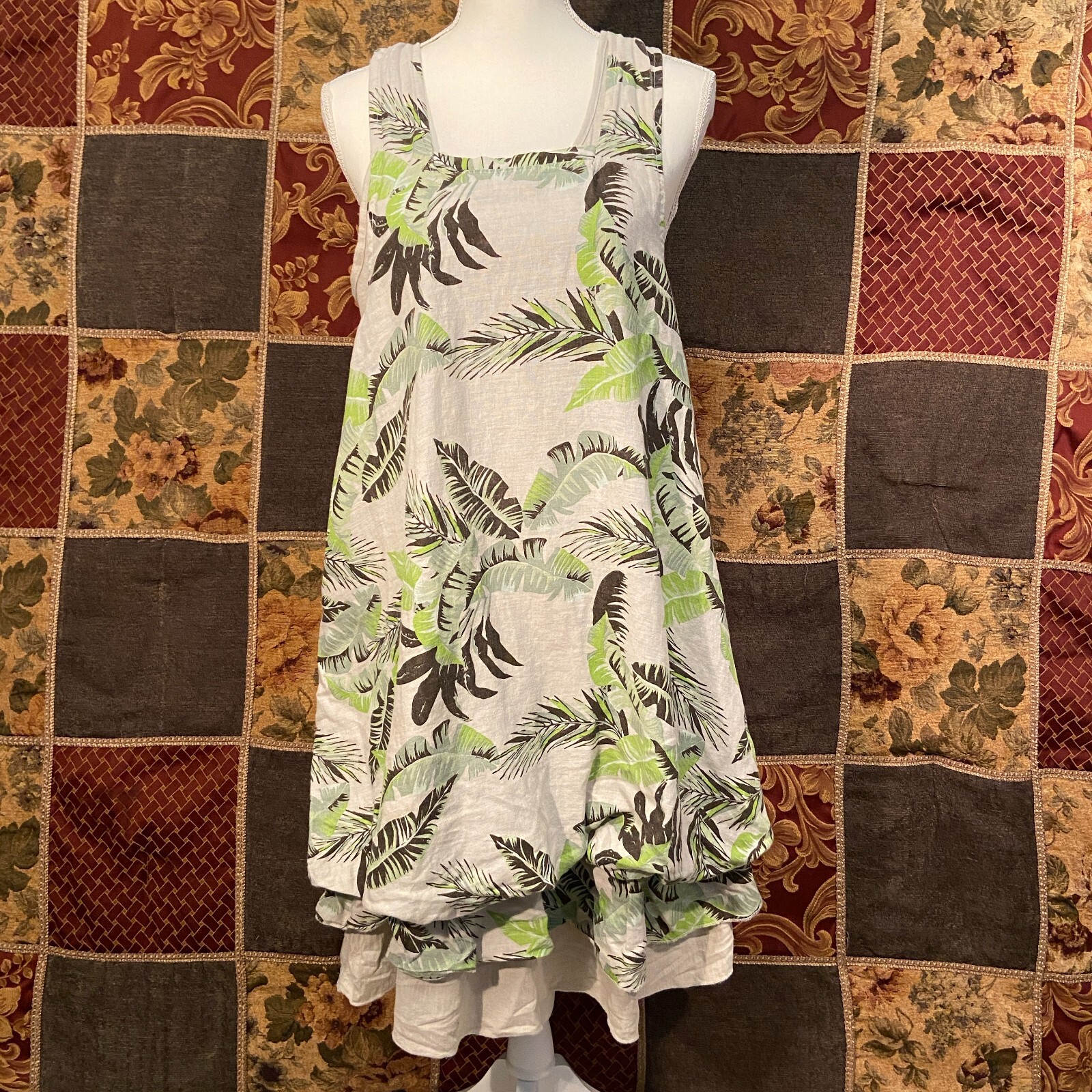 Ella Moda Double Tank Linen Dress Women’s XS Extra Small Beige Green Summer