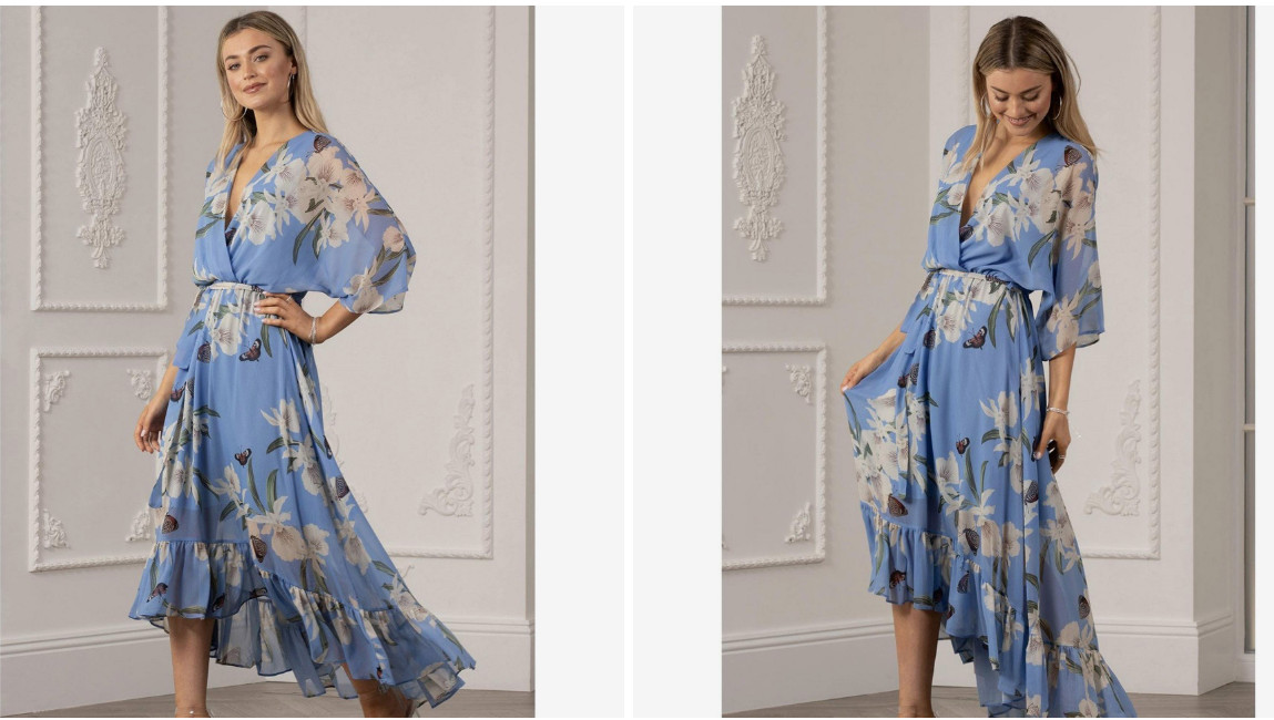 Women’s Dress uk20 Urban Light Blue Floral Wrap Dress Midi Ruffle 3/4 sleeves