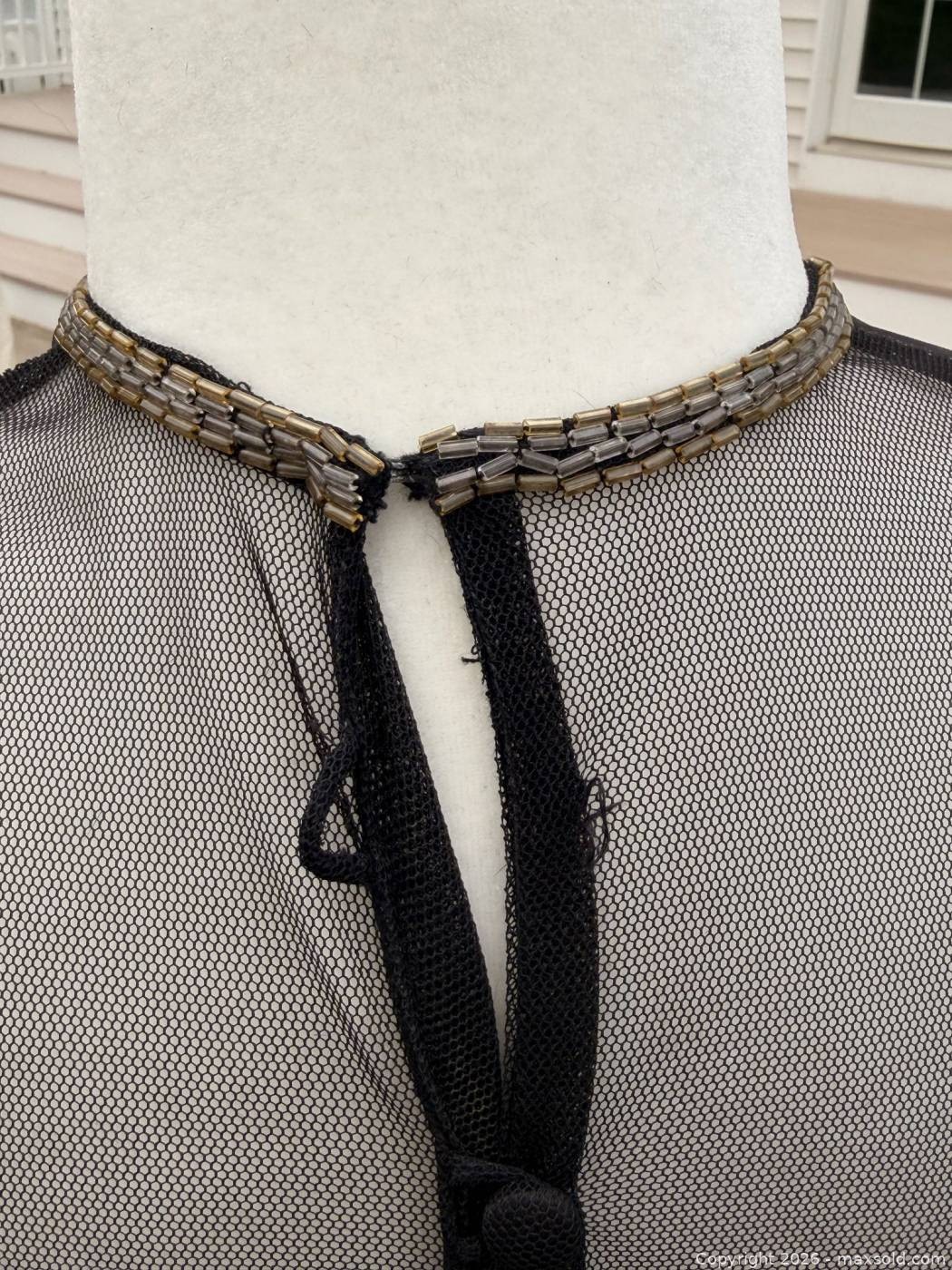 Carlota Alfaro Couture Gown Black Beaded Mesh Yoke Long Sleeve Vintage 80s