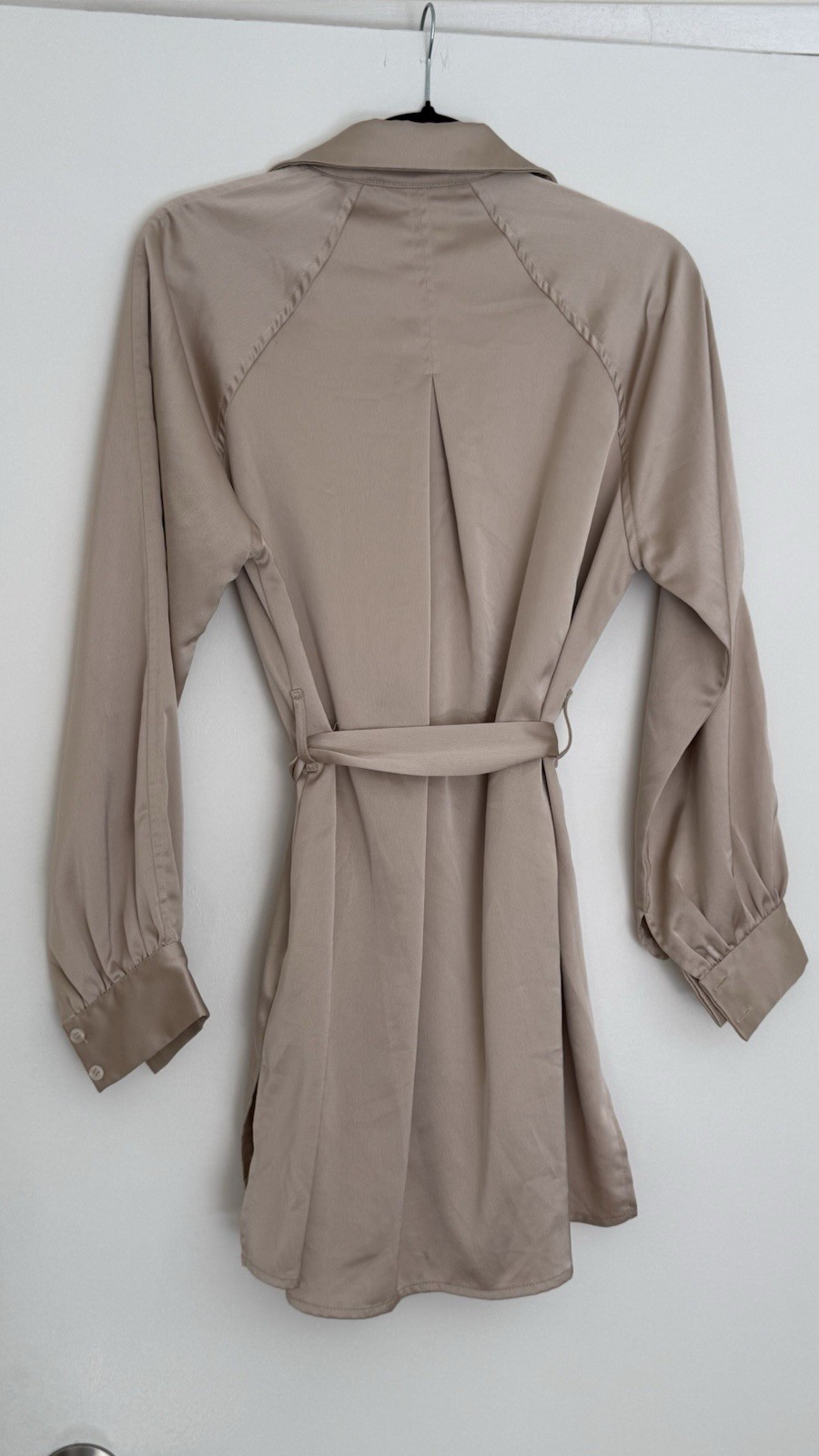 BABYBOO Satin Shirt Dress XS Beige Belted Mini Long Sleeve Button Front