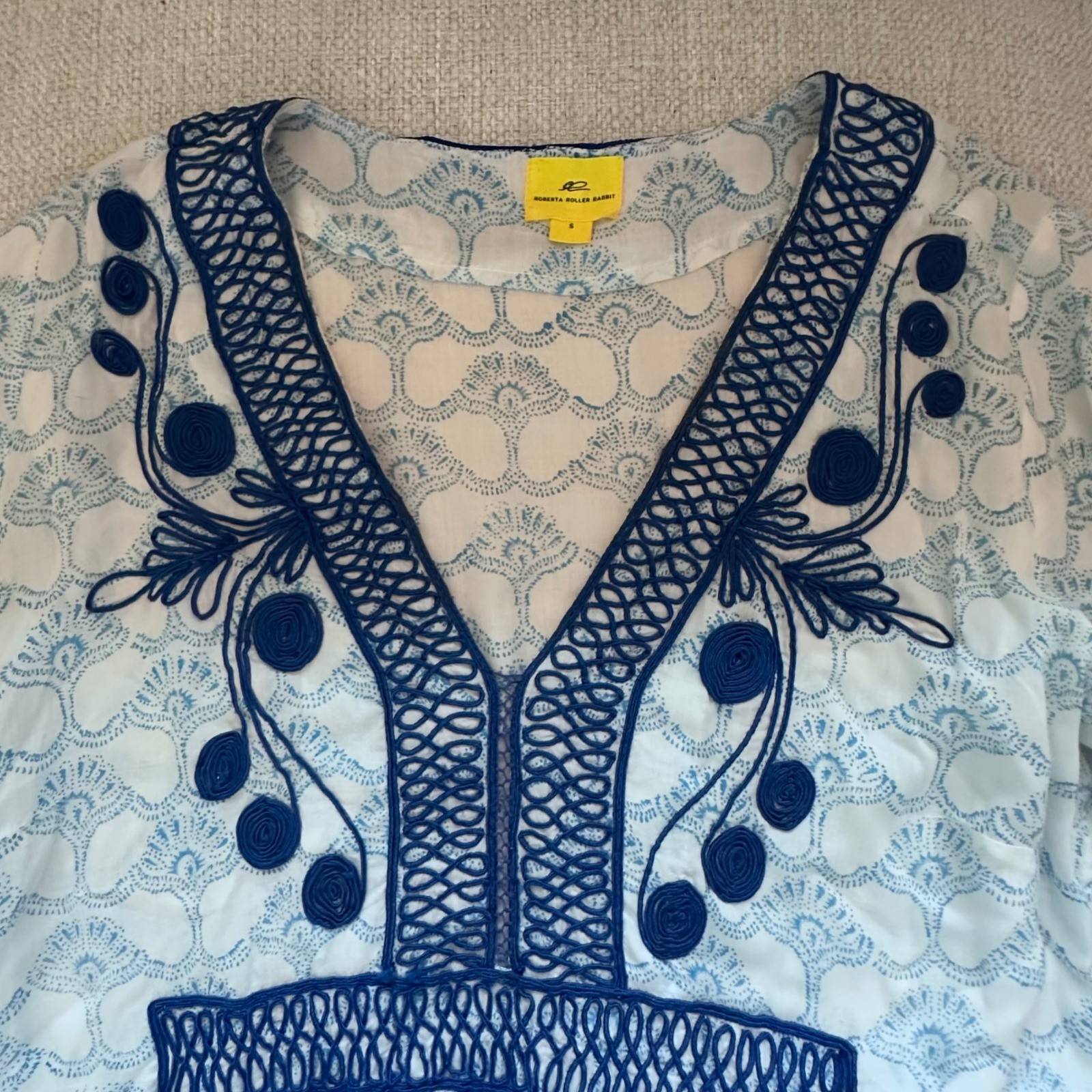 Roberta Roller Rabbit Serafina Tunic Maxi Dress Blue White Embroidered Tassels S