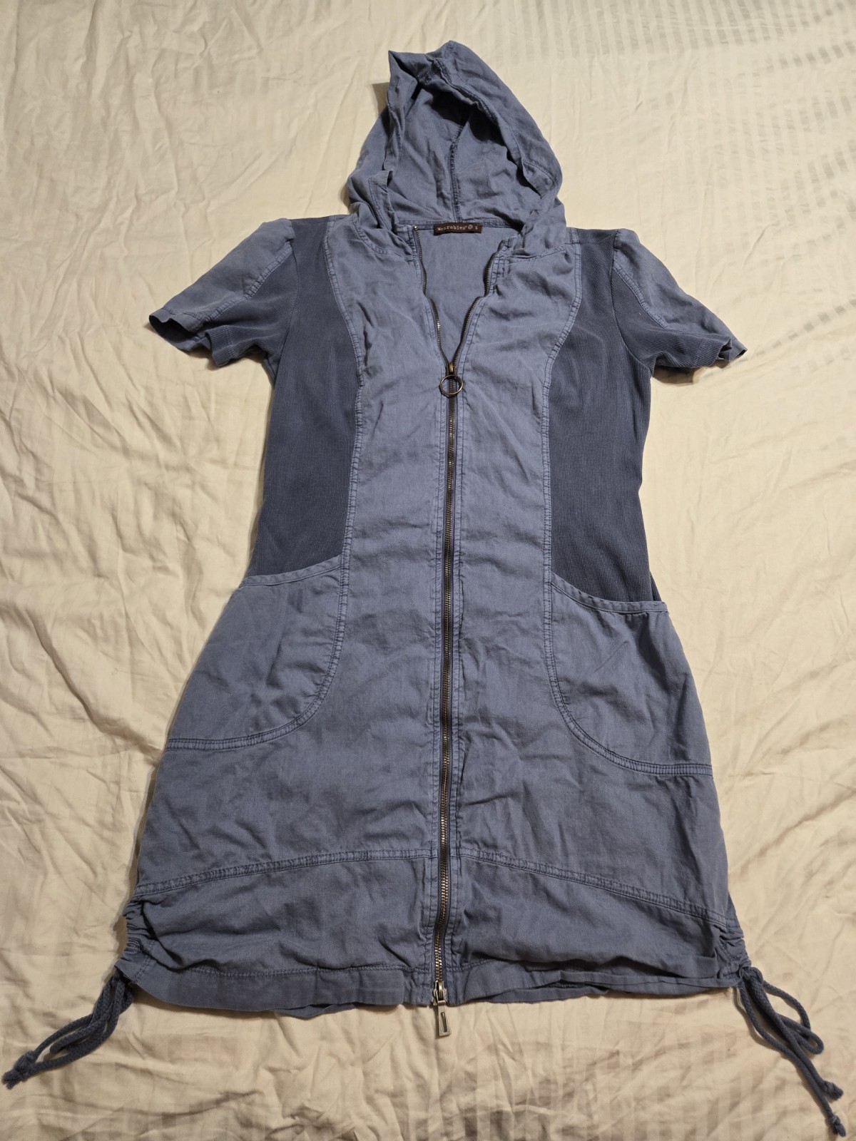 Wearables Women’s Blue Hooded Full Zip Pockets Cotton Knit Dress Short Sleeve S