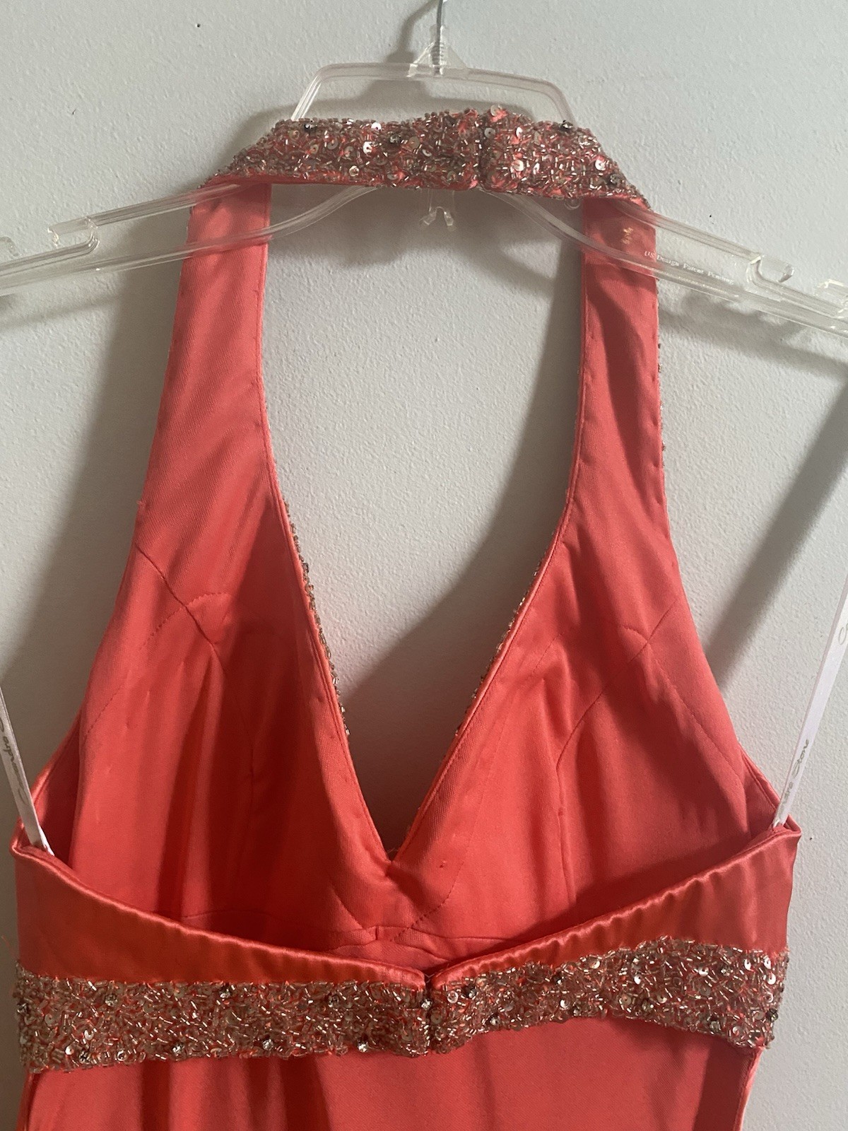 Cassandra Stone Coral Beaded Sequin Halter Gown Dress Satin Maxi Size 4