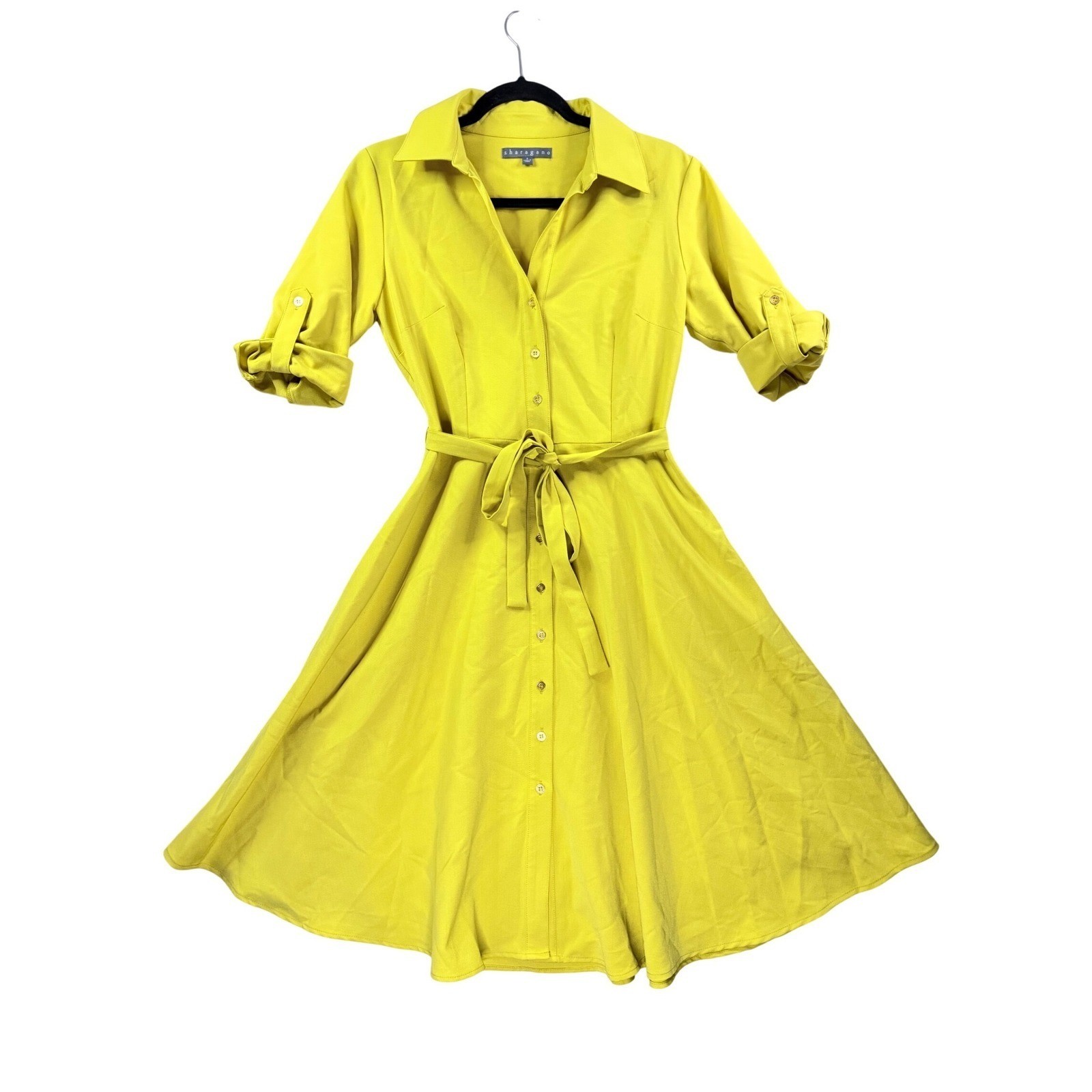 Sharagano Shirt Dress Womens 6 Yellow Excellent Roll Tab Sleeve Belted A-Line