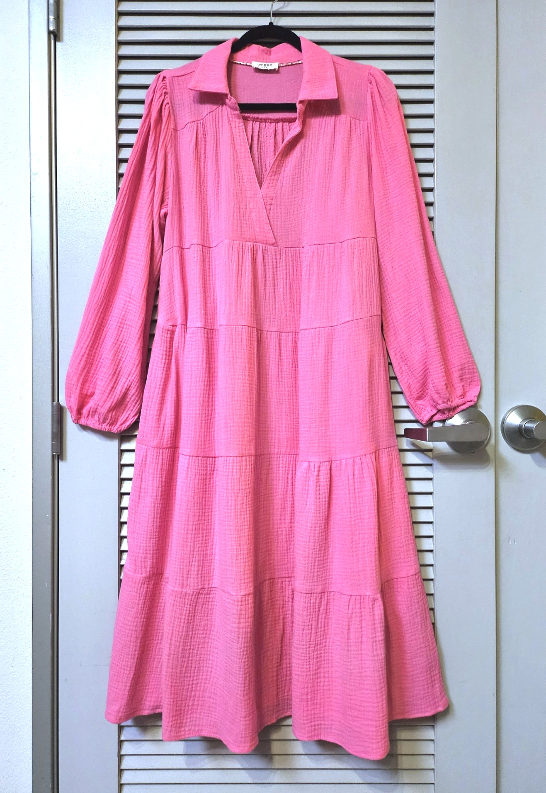 neon pink gauze collar tiered maxi long dress L