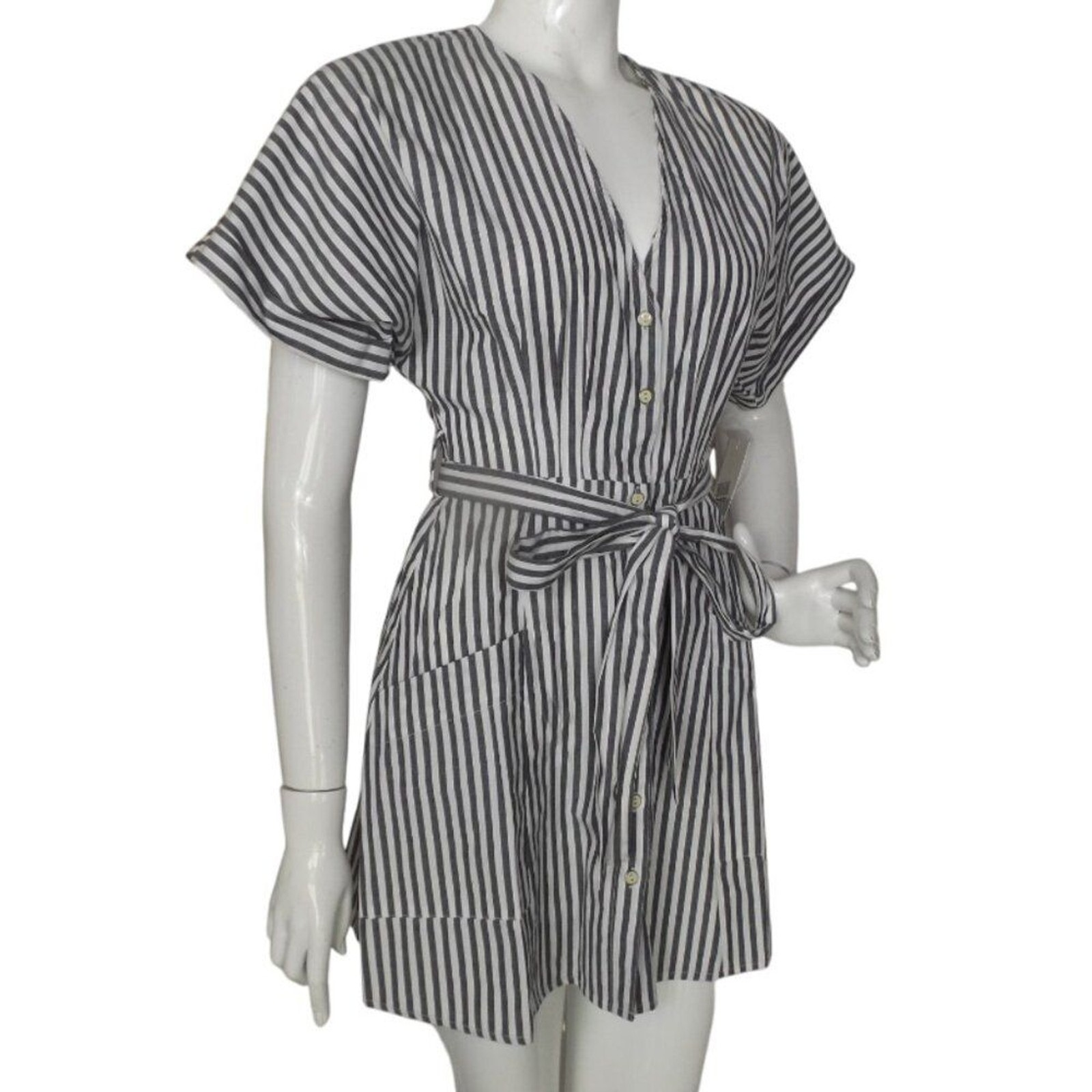 new BP Dress, XXS, Grey/White Stripes, Mini, Buttons, Pockets, Summer, Belt