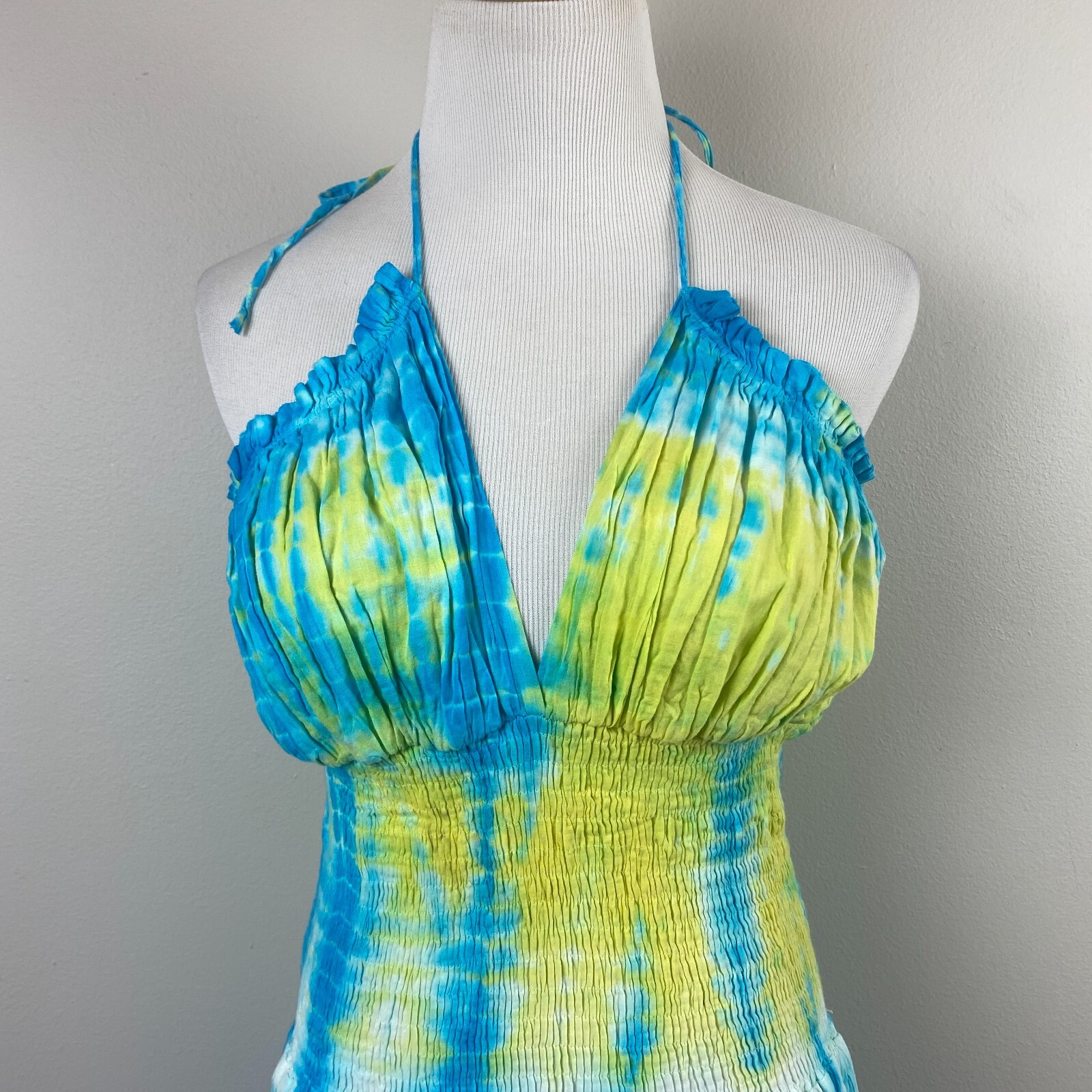 Blue Ocean Midi Dress OS Tie Dye Halter V-Neck Smocked A-Line Summer Boho Hippie