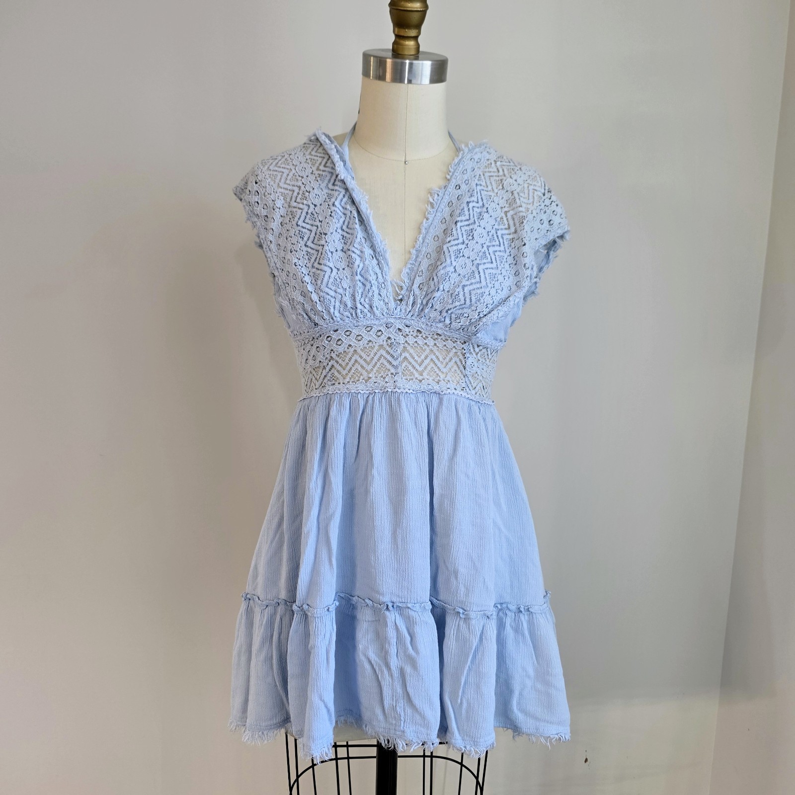 Blue Lace Boho Mini Dress Sz S Open Back Tie Waist Cap Sleeve Cottagecore Fairy