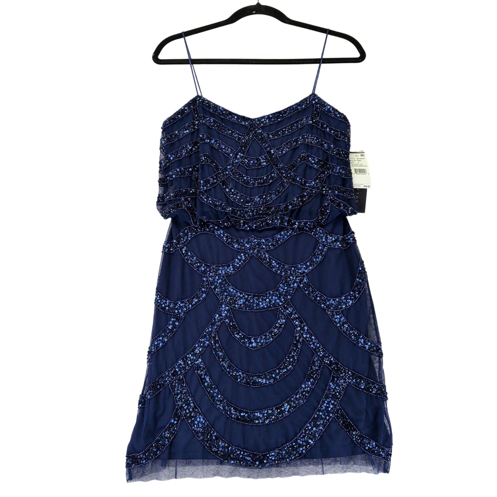 Aidan Mattox $295 Navy Blue Mesh Deco Sequins Beaded Cocktail Dress Womens 4 New