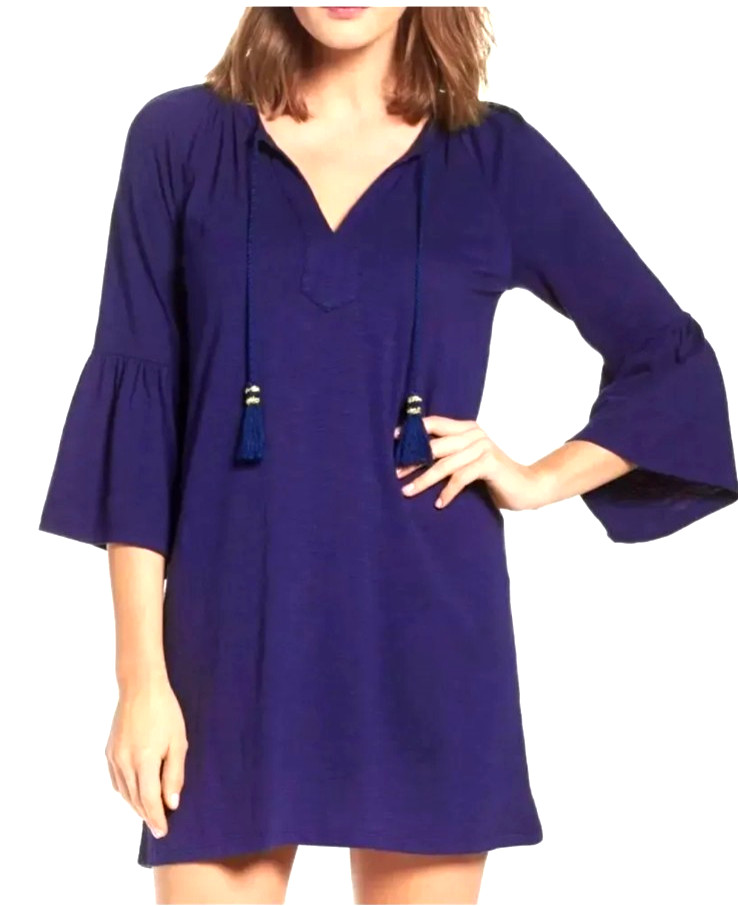 Lilly Pulitzer Del Lago Dark Blue Tunic Dress Bell Sleeve Boho Beachy Size Large