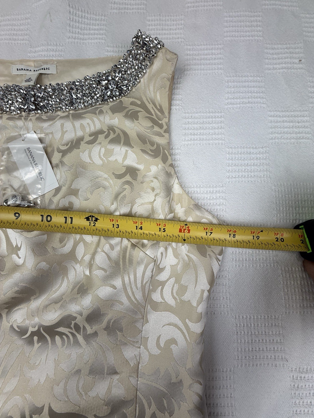 NWT BR Vintage-Inspired Womens Silk Cream Beige Dress Rhinestone Neck 8 Jacquard
