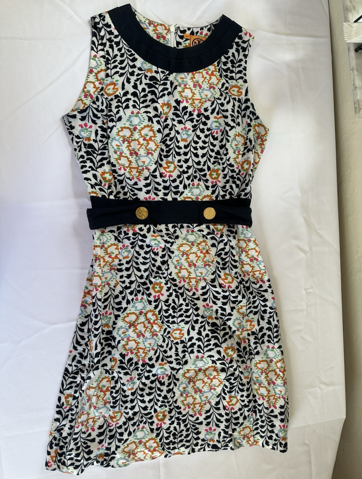 Tory Burch Melanie Printed Linen Shift Dress Navy Orange Floral Size 4 Excellent