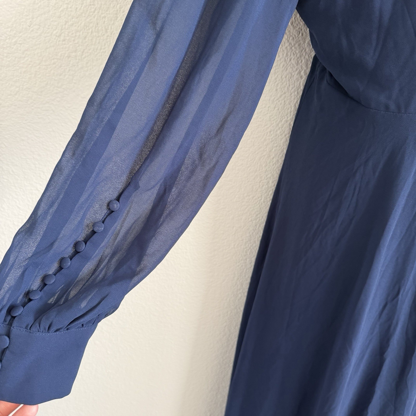 Lulus Navy XL Maxi Wrap Evening Dress Gown NWT Sheer Bishop Sleeves Button Cuff