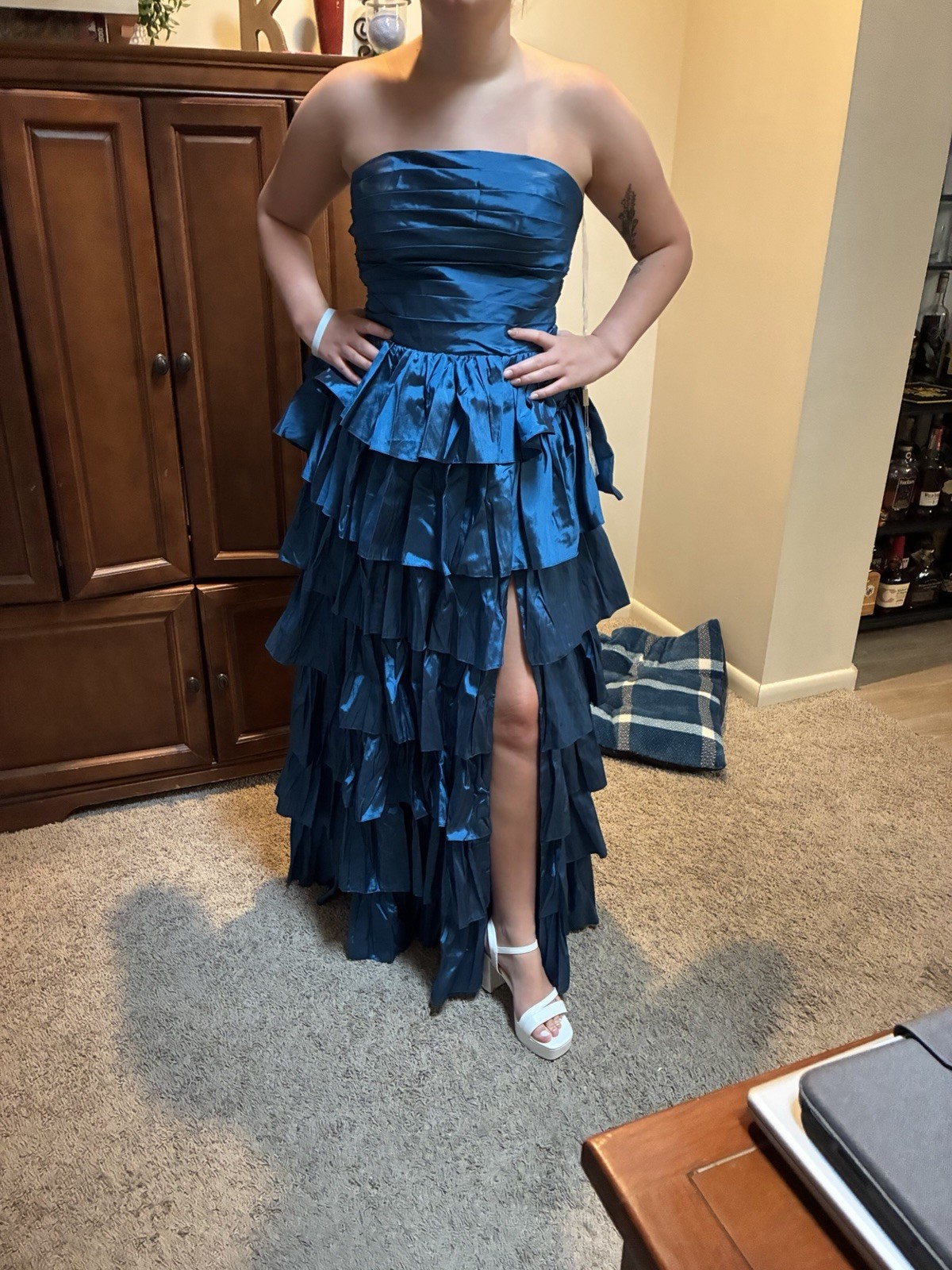 Women’s Strapless Blue Solid Ruffle Layered Asymmetric Long Gown Dress 10