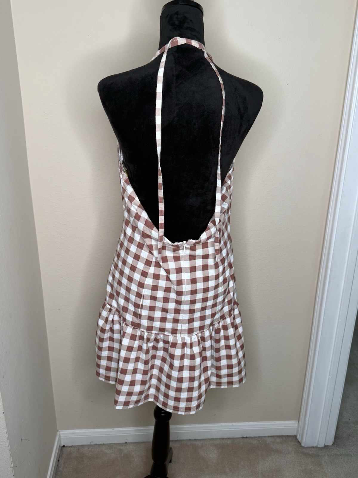 Free People Brown/White Gingham Halter Mini Sundress M Backless Ruffle Hem