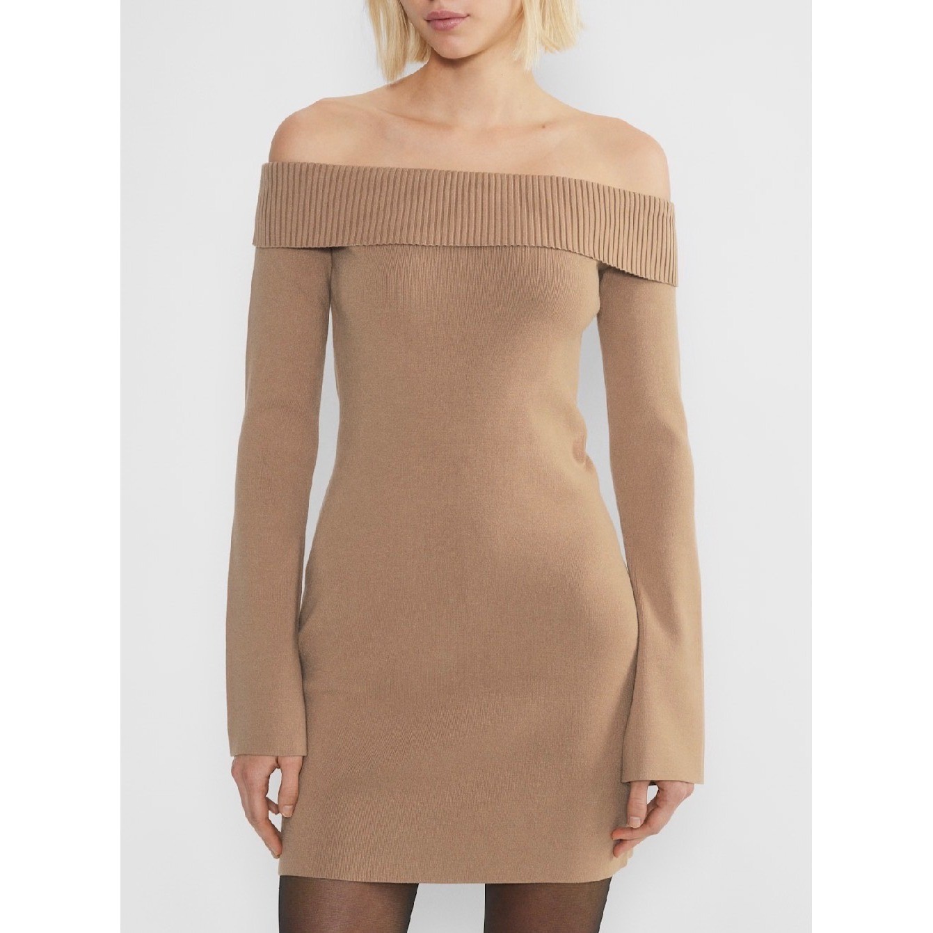 Sunday Best Firebird Long sleeve Dress Knit Women Medium Camel Off Shoulder Mini