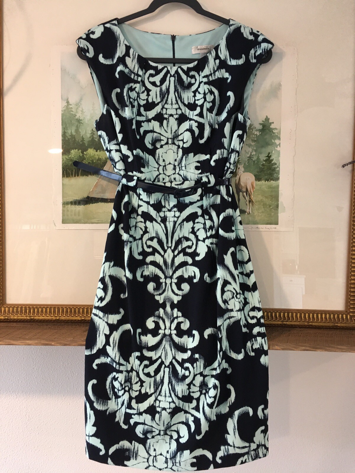 Dressbarn Womens 8 Sheath Modest Floral Sleeveless Belted Career