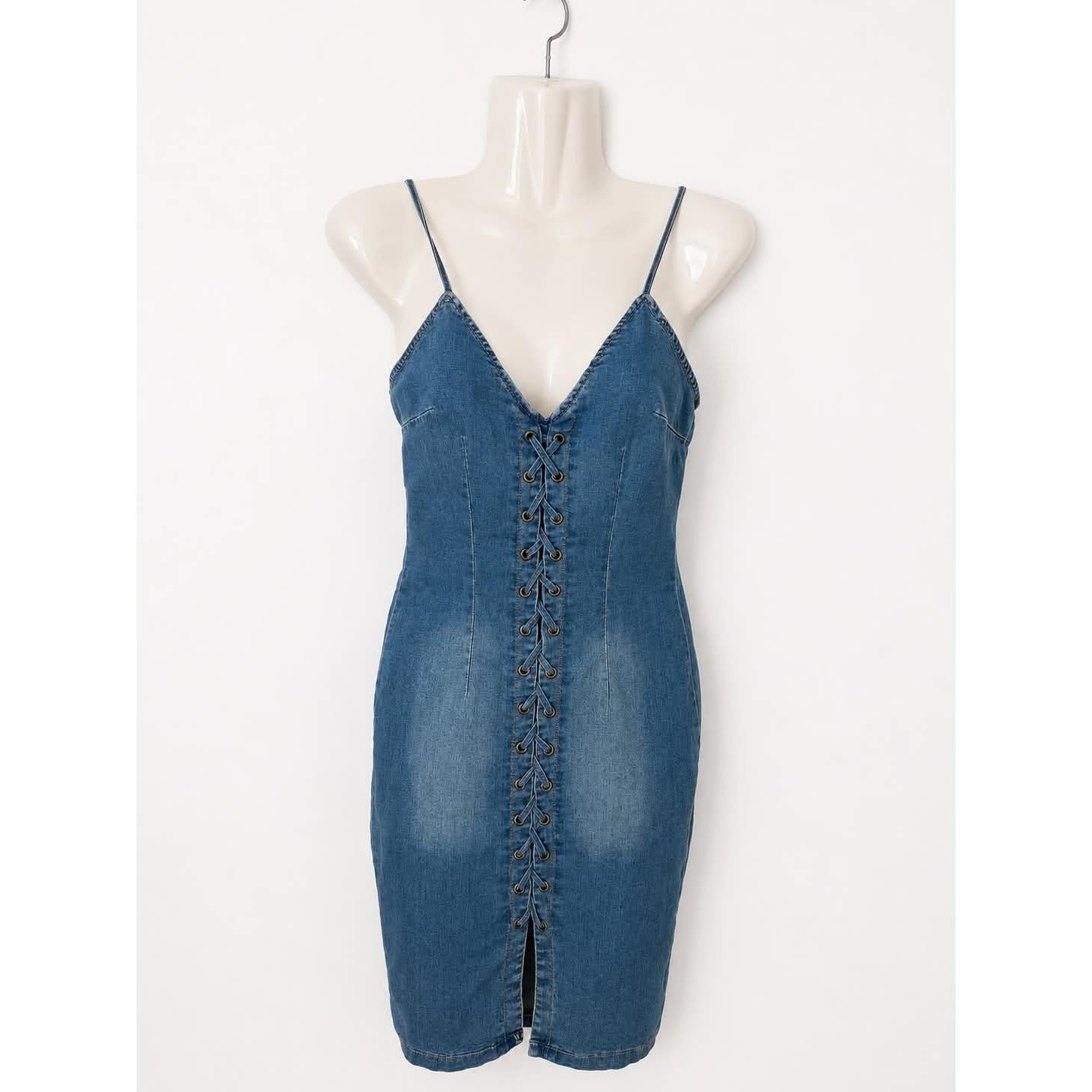 Windsor Stretch Denim Lace Up Dress Small Mini Club Festival Y2K Dress