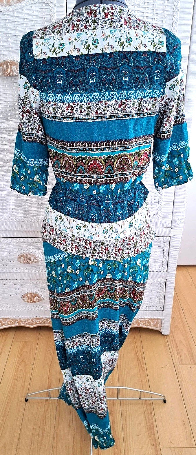 Teal Boho Patchwork Maxi Dress S R.Vivimos Rayon Button Down Drawstring Festival