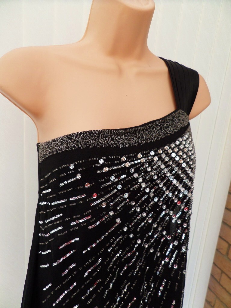 MONSOON GATSBY BLACK SILK CHIFFON 1-SHOULDER SEQUIN 20’S DRESS 12 £160 BNWT