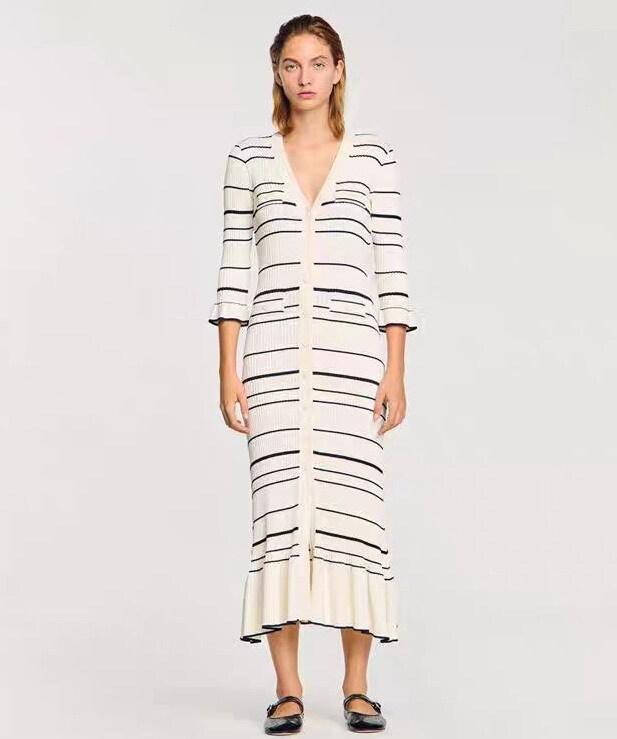 Sandro Women’s Black and white against color stripes flounce Knitted dress