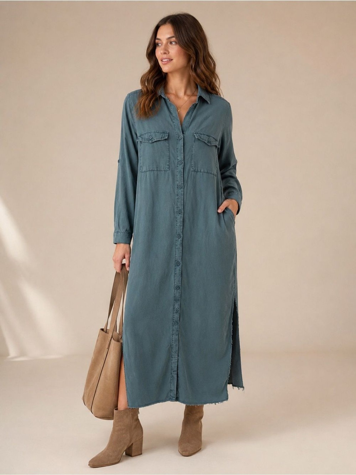 Cloth & Stone Anthropologie Teal Blue Shirt Dress | Large | Frayed Hem | Lyocell