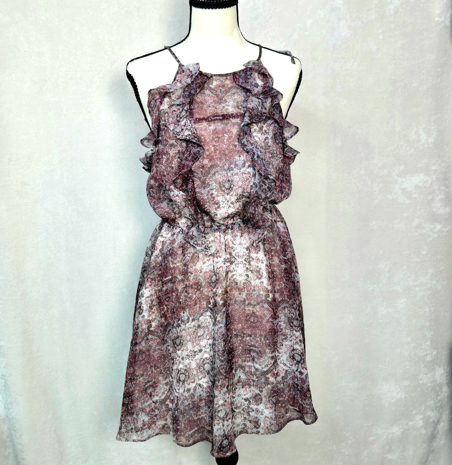 BCBGeneration Mini Dress Paisley Ruffle Halter Chiffon Size Small Boho Summer