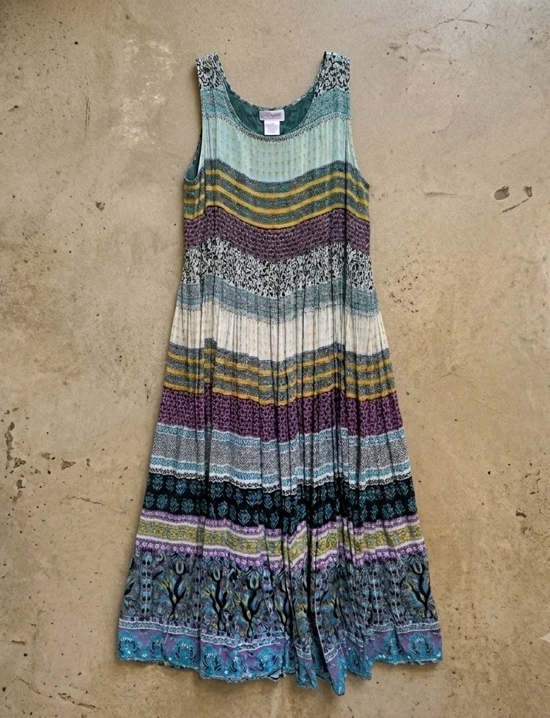 Womens Y2K Festival Hippie Dress 100% Cotton Boho Maxi VTG Floral 1990s Sz L EUC