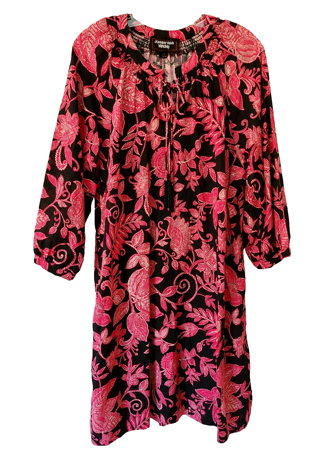 $248 JOHNNY WAS SZ L ALYCIA BEADED TASSEL DRESS LEAF PRINT w/ SLIP B:43″ L:39″