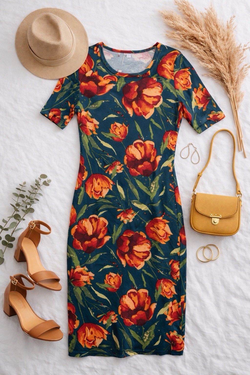 Lularoe Julia Dress Floral Medium Blue & Orange Lightweight Stretch Pencil Skirt
