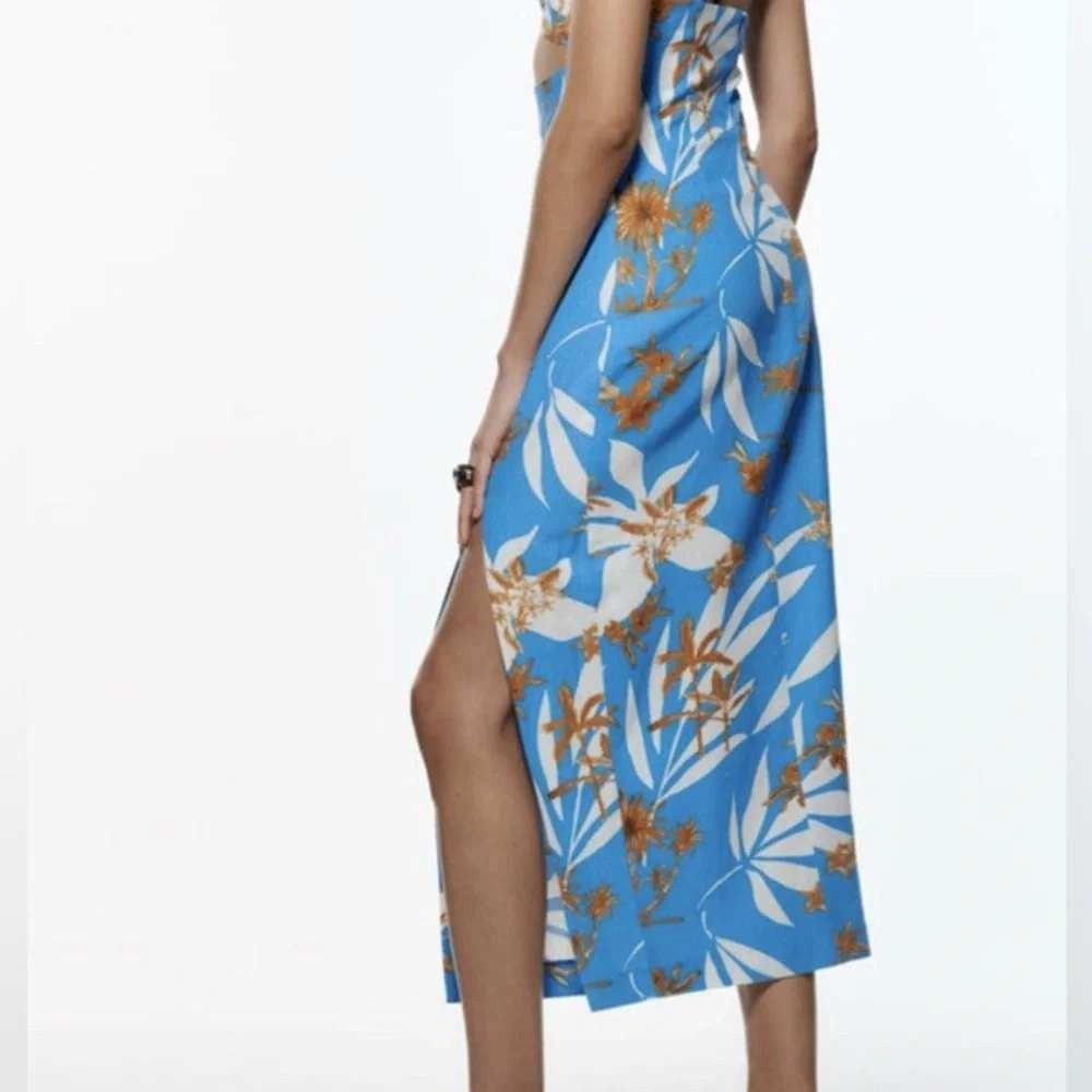 Zara Womens Linen Blend Midi Dress XS Blue Resort Tropical Cut Out Slit