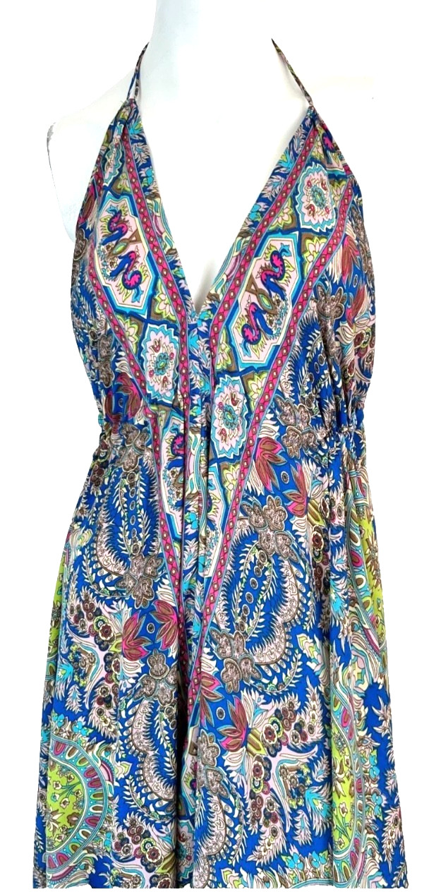 Silk Halter Maxi Dress Size One Size Boho Blue Paisley Floral Backless VNeck EUC