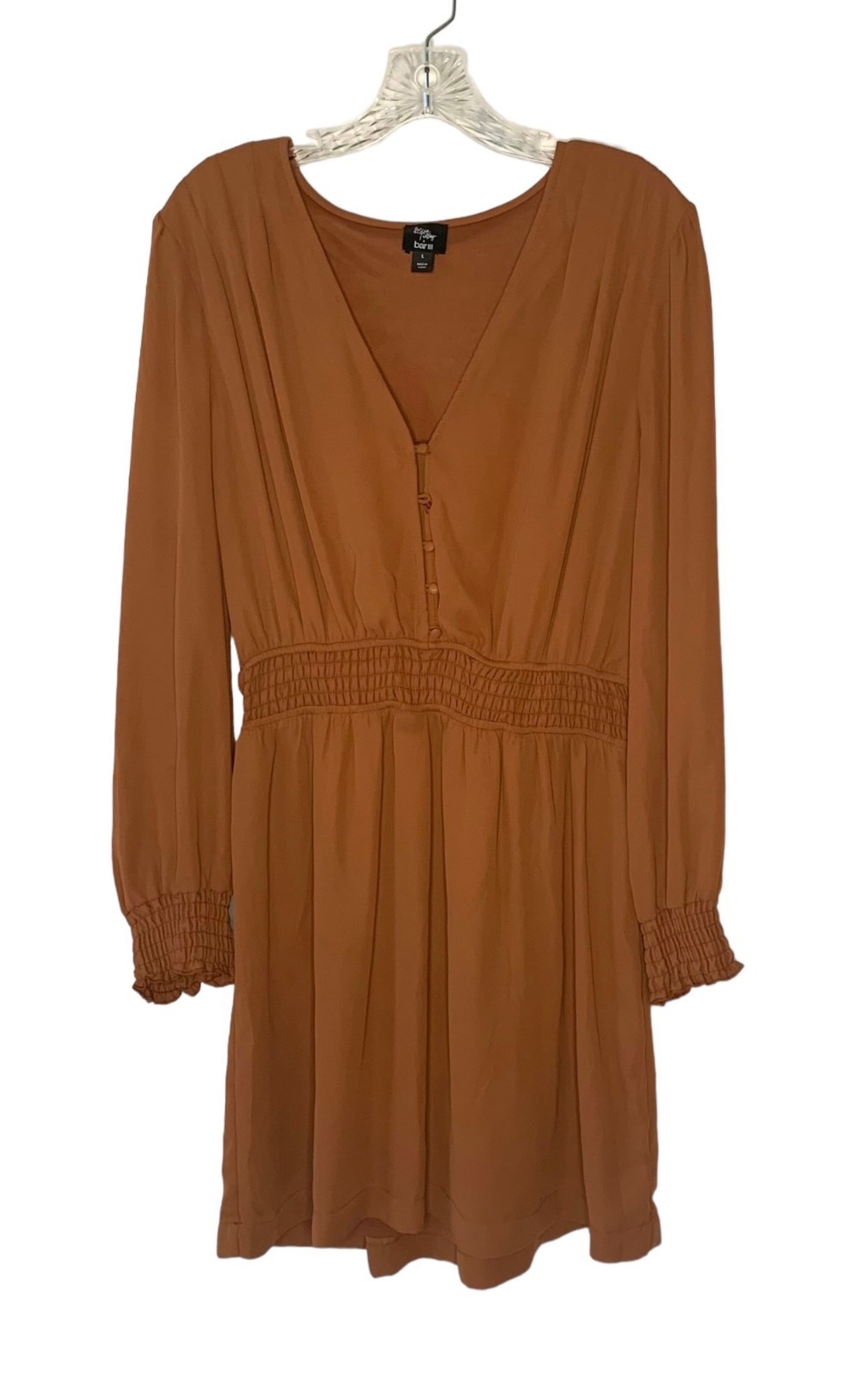 BAR III + Becca Tilley Brown Long Sleeve Smocked Waist Mini-Length Dress Large
