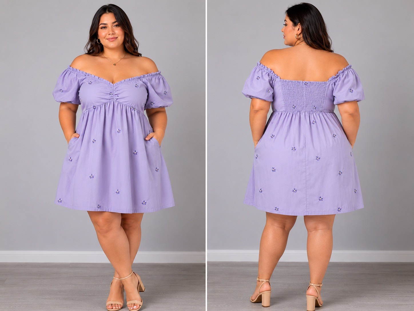 Endless Rose XXL Lavender Floral Embroidered Off-Shoulder Dress with Pockets