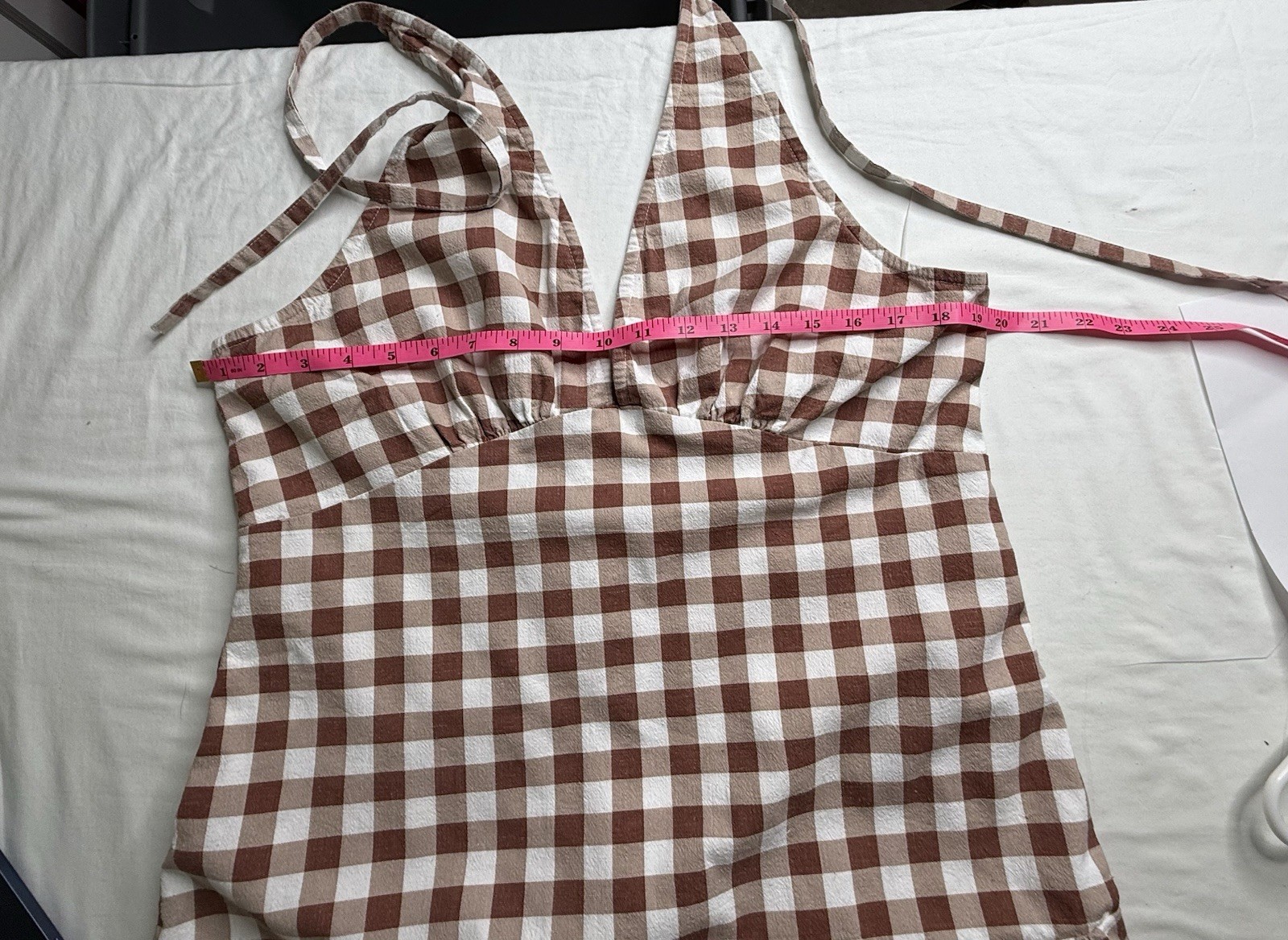 Free People Brown/White Gingham Halter Mini Sundress M Backless Ruffle Hem