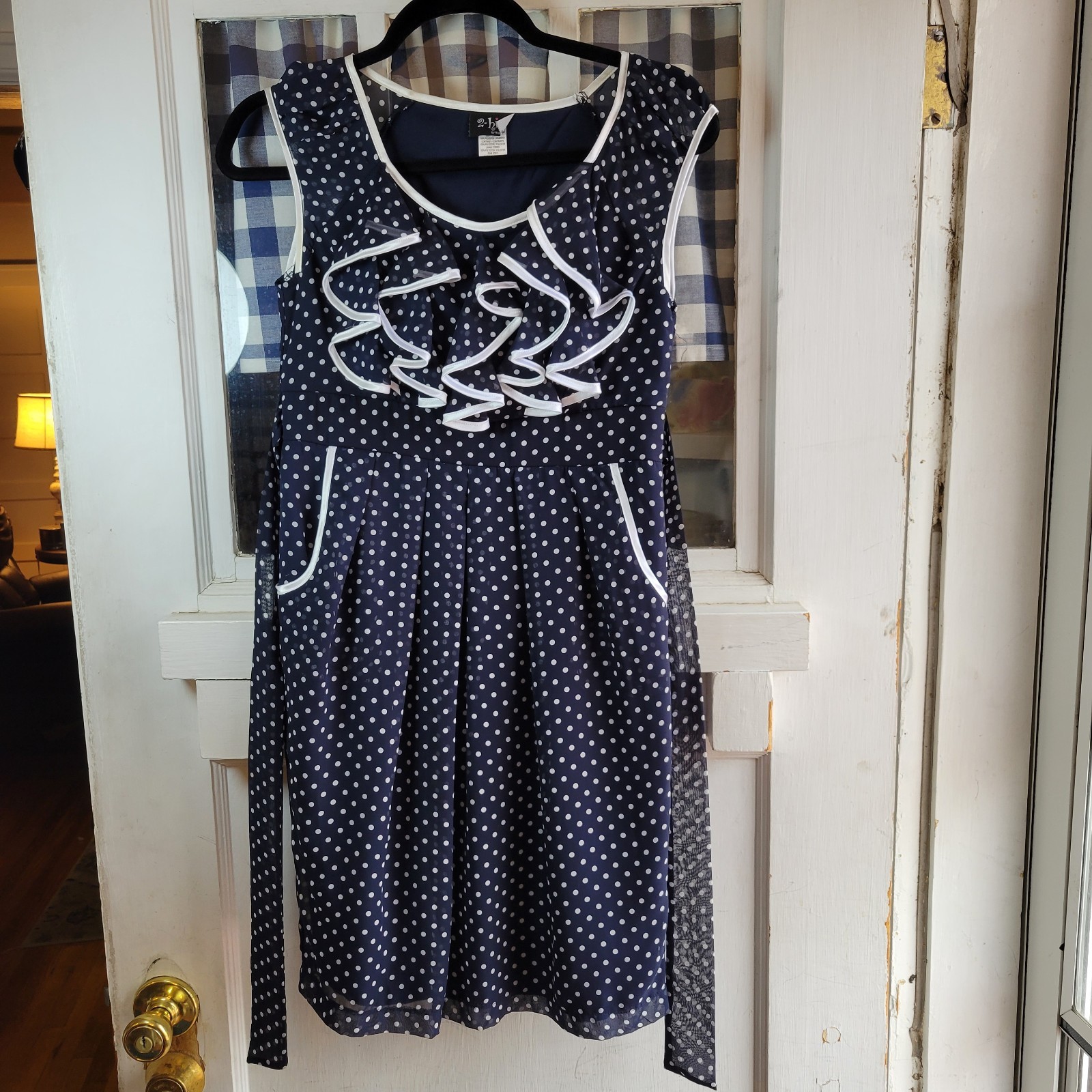 2-Hip Womens Navy White Polka Dot Sleeveless Dress Pockets Belted Side Zip Sz 16