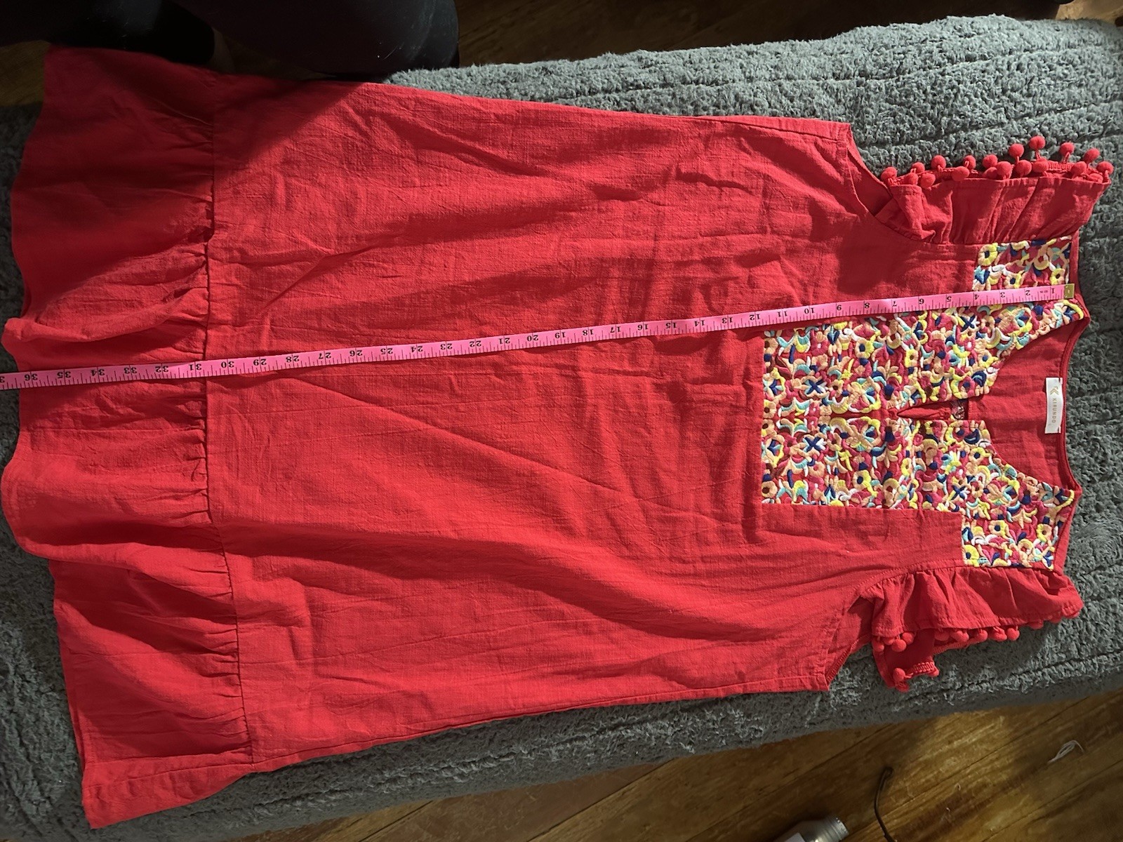 Kirundo Embroidered Boho Mini Dress Red Pom Pom Flutter Sleeve Ruffle Hem Size L