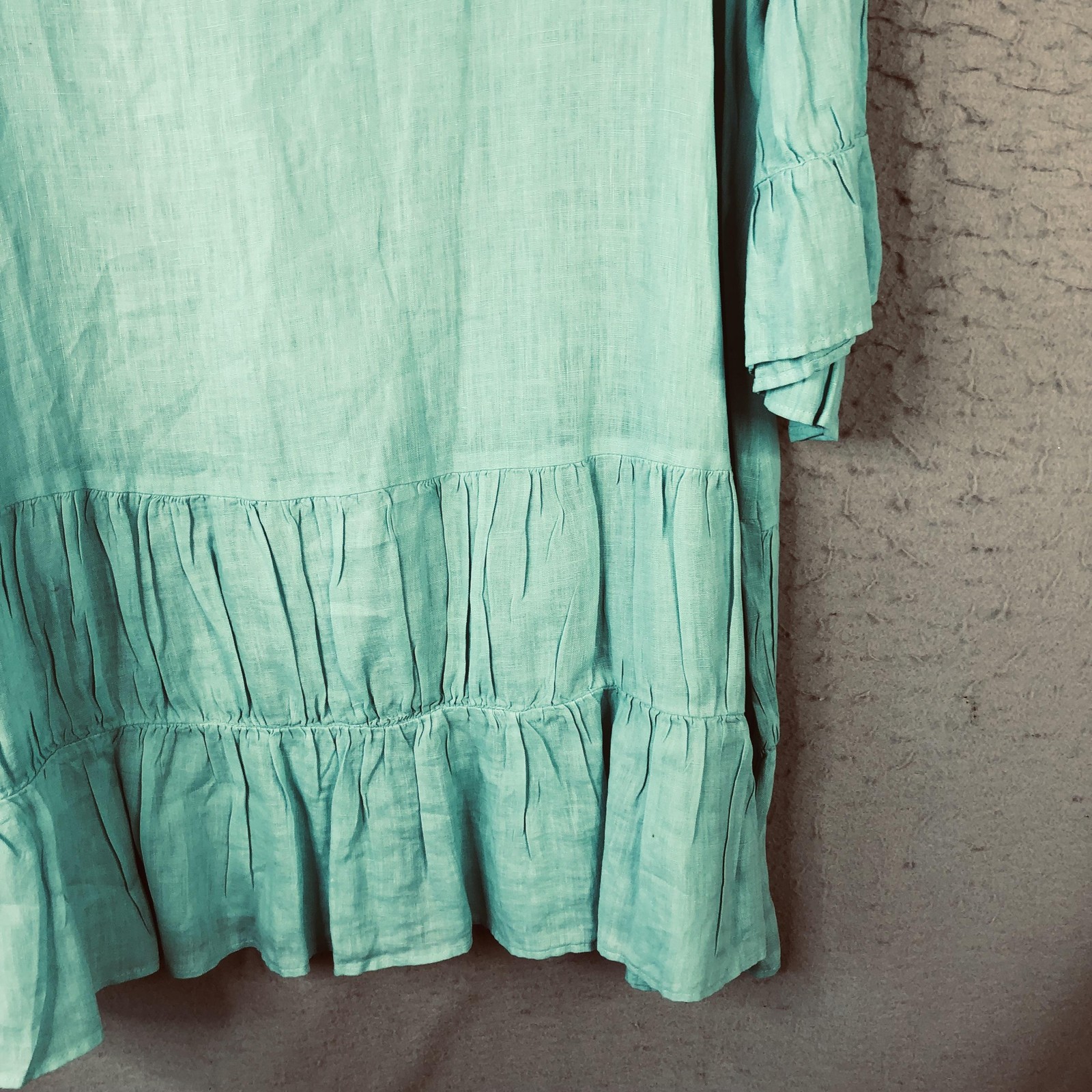 Camille & Co Dress Womens L Blue Linen Trapeze Swing Ruffle Hem Boho Feminine