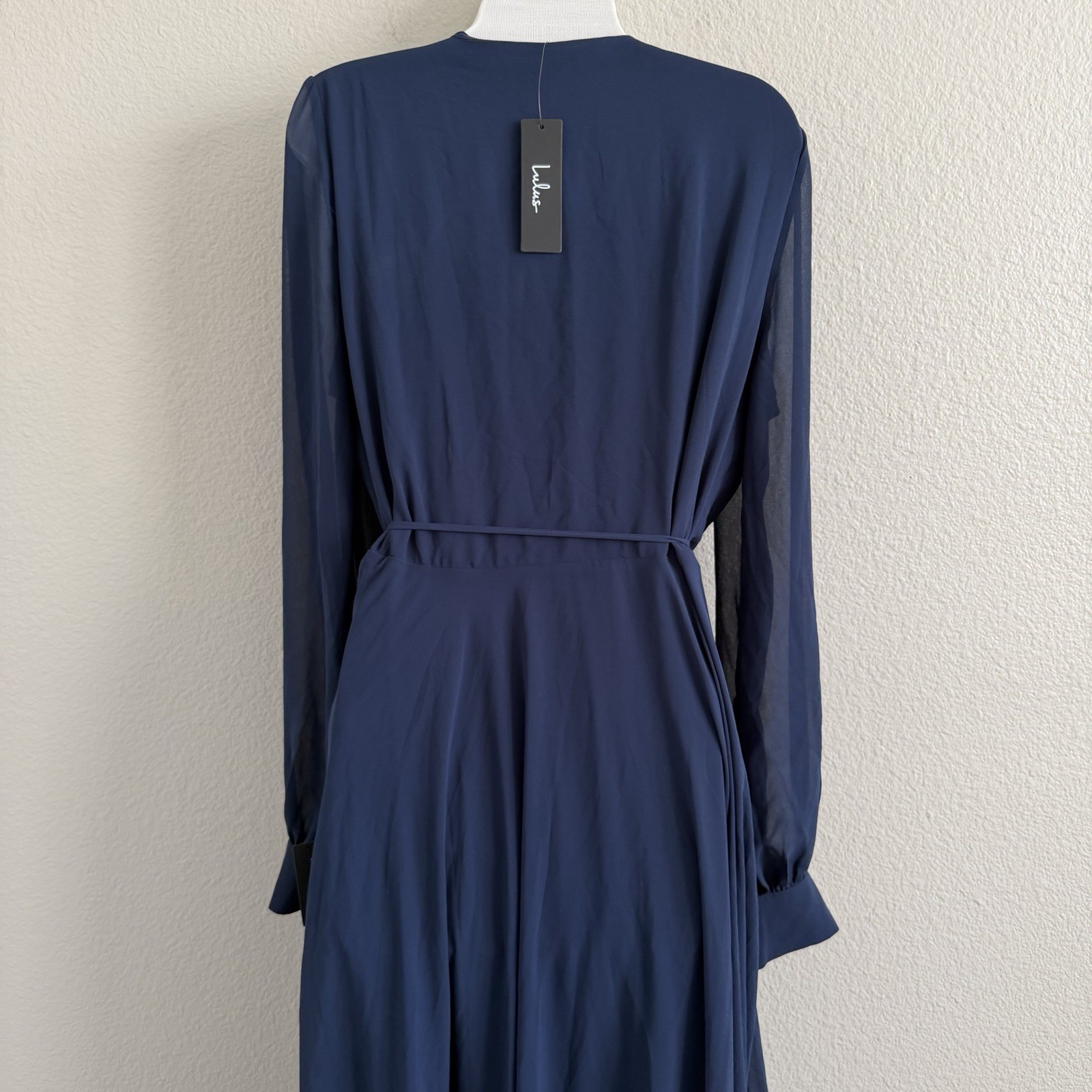 Lulus Navy XL Maxi Wrap Evening Dress Gown NWT Sheer Bishop Sleeves Button Cuff