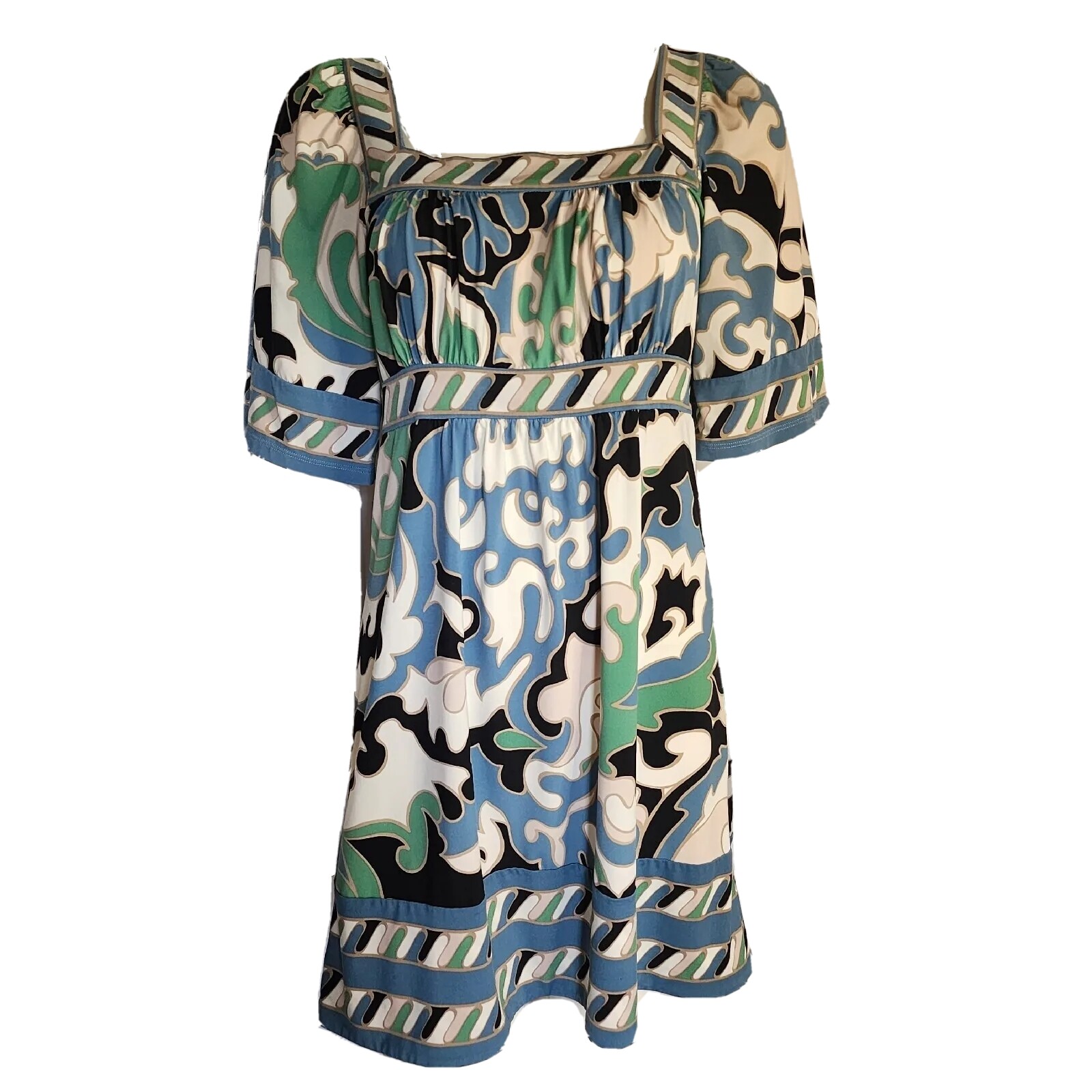 Bcbgmaxazria Dress Womens Size S Small Blue Green Wavy Pattern Short Sleeve 70s