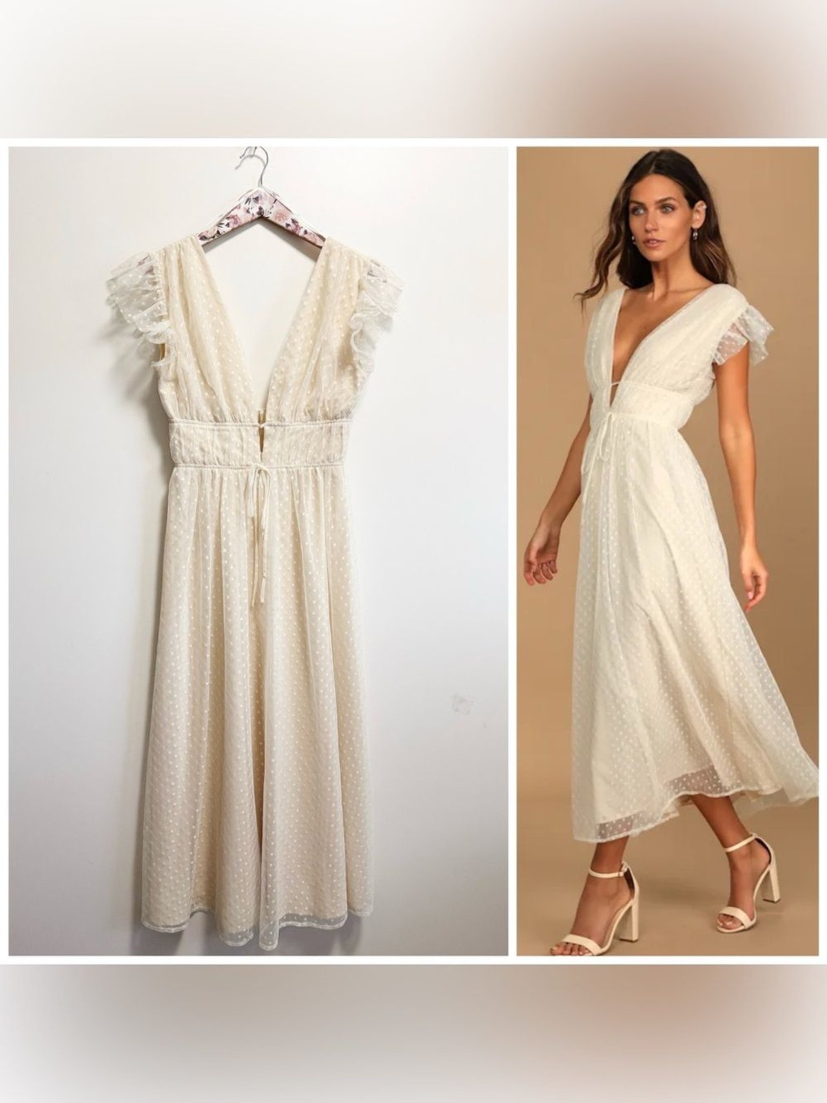 LULUS Yours Evermore Cream Swiss Dot Ruffled Midi Dress XS Formal Bridal