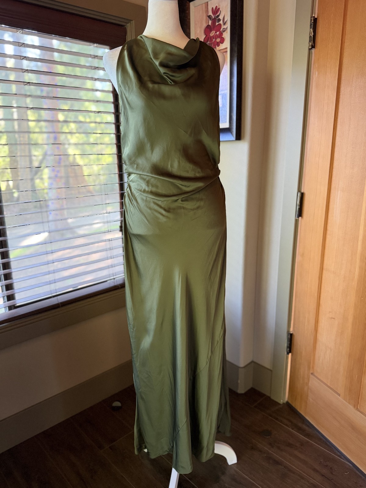 Ann Taylor Halter Bias Satin Maxi Dress Criss Cross Back Olive Green size 4