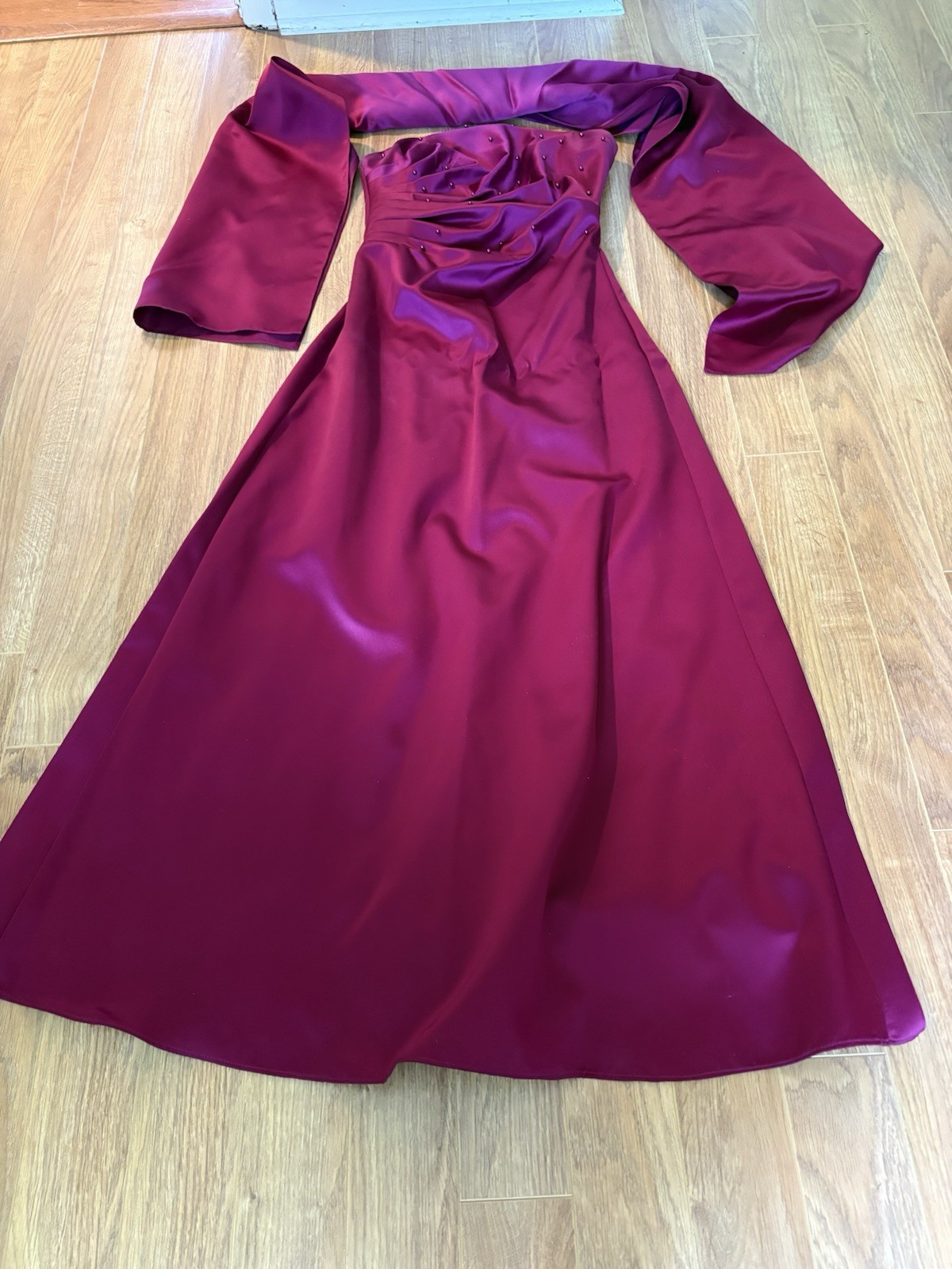 Night Way Collections Burgundy Satin Strapless Beaded Long Gown w/ Jacket Size 6
