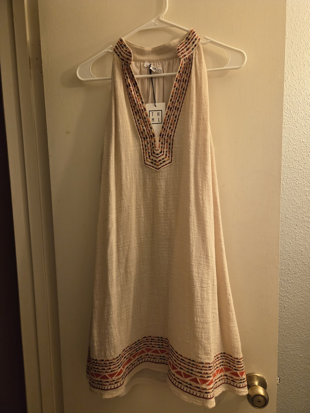 THML Embroidered Halter Mini Dress Medium Cream Boho Resort Beach Cotton Shift