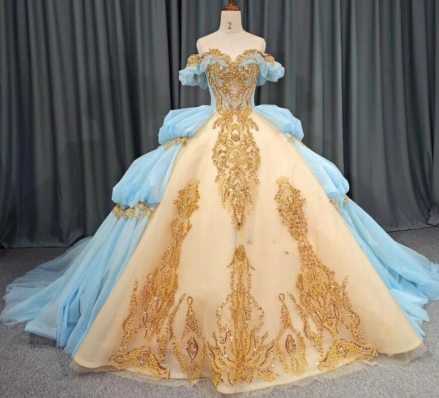 Elegant Quinceanera Dress Gold Blue Victorian Luxury Ruffle Applique Lace Sweet