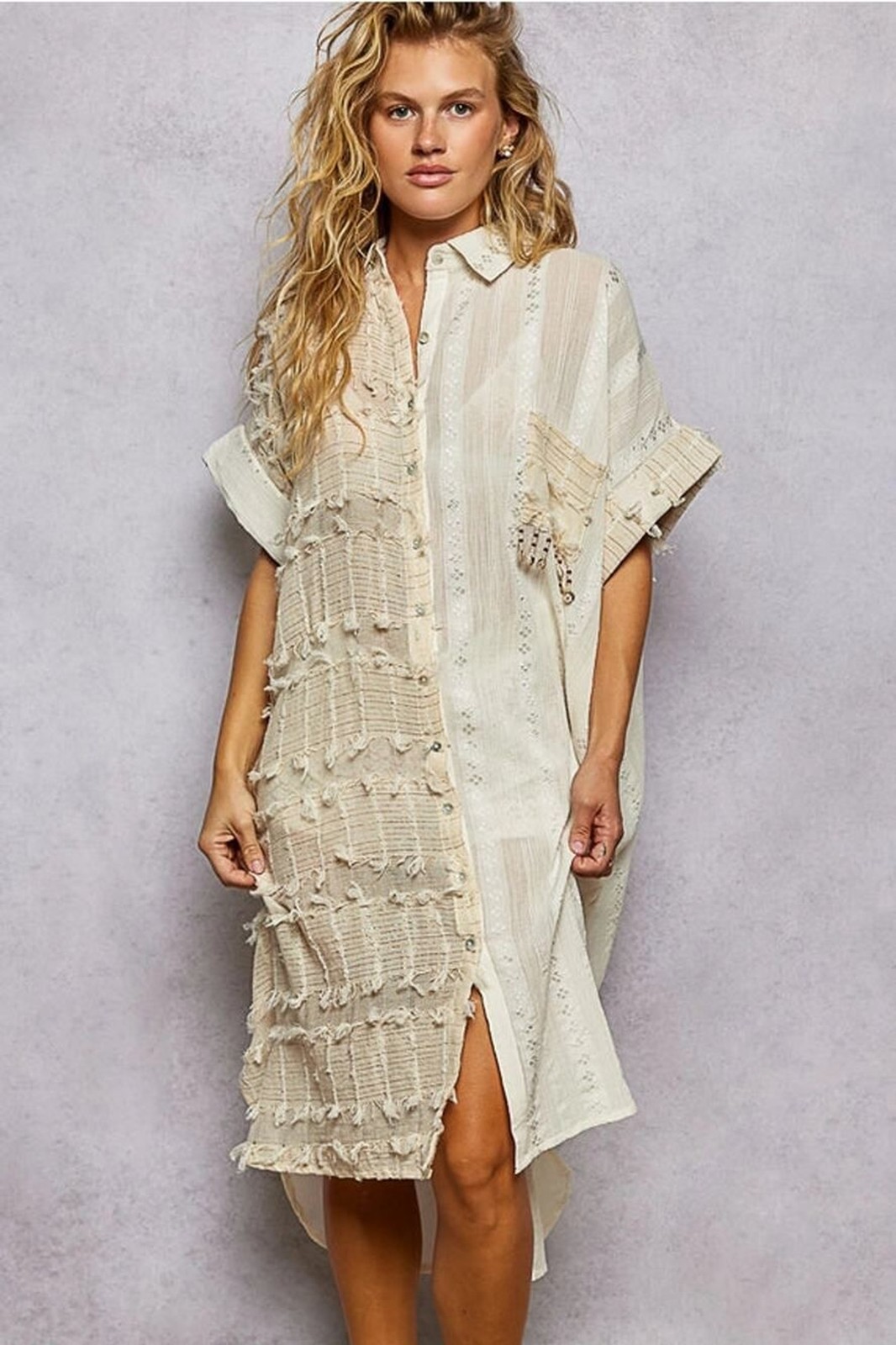 POL Dangle Trim Textured Cotton Oversized Long Shirt Dress – Cream
