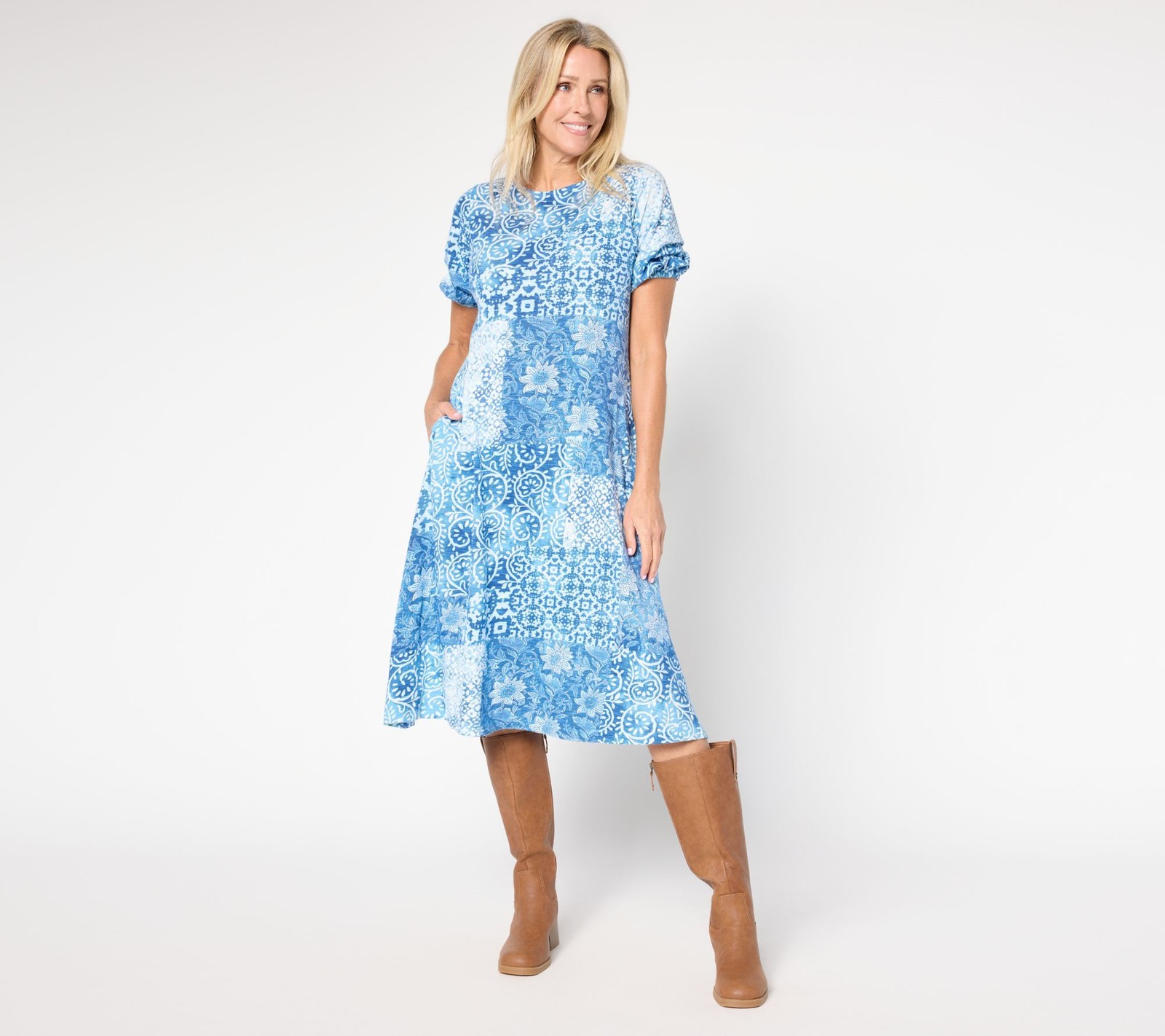 Gloria Vanderbilt Women’s Dress Sz L Cotton Patchwork Print Midi Blue A700896