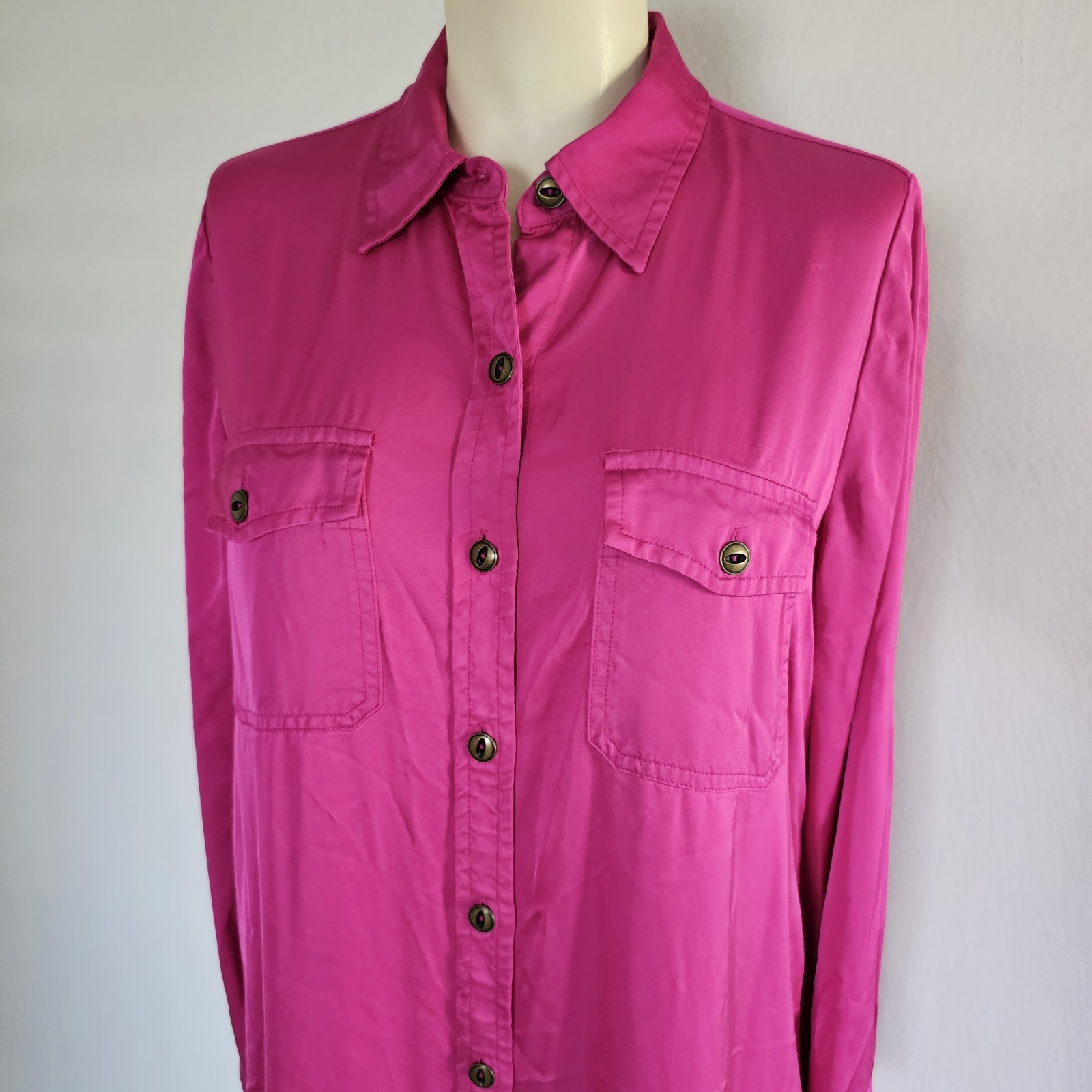 Ralph Lauren Vivid Pink Satin Button-down Long-sleeve Rounded Hem Dress Size 10