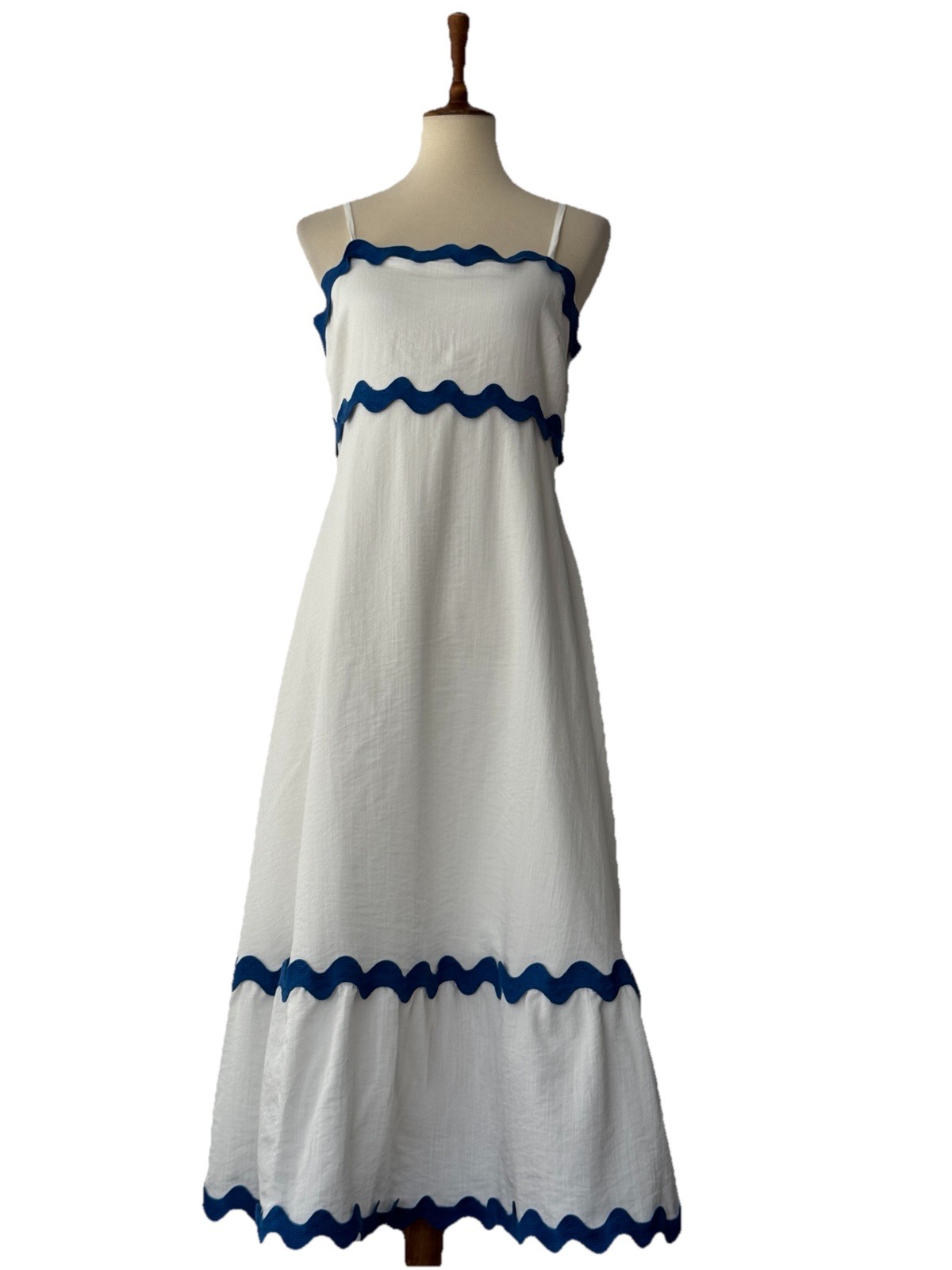 Fashion Maxi Sundress (S) Blue Zigzag Trim White Stretch Adjusting Straps Lined