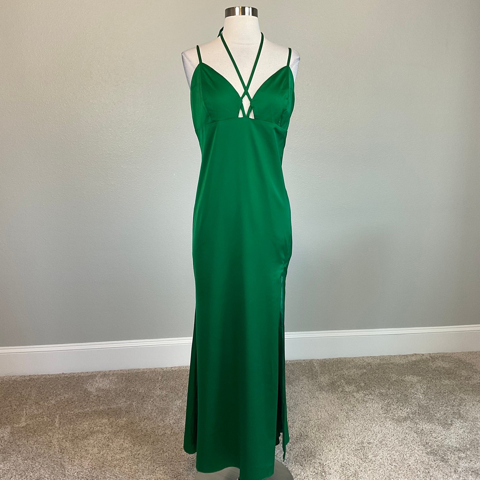 AQUA Green Cocktail Dress Satin Strappy Backless A-Line Midi Slip Size XL